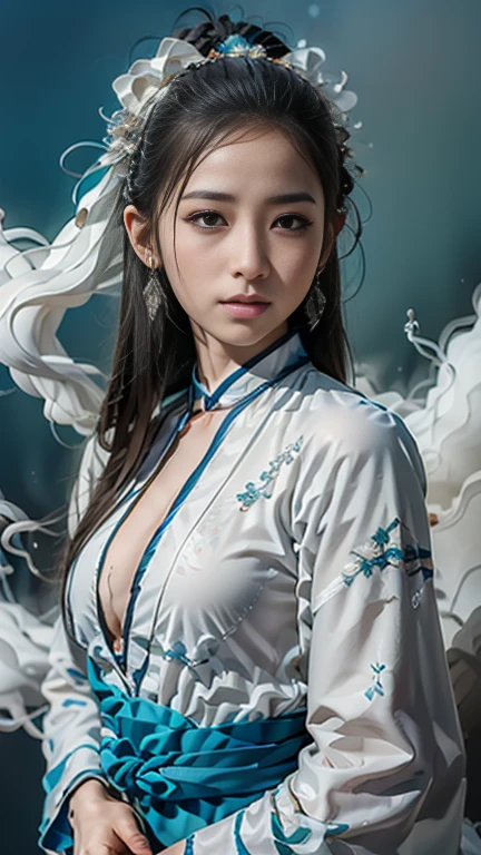 shining star,A beautiful oriental girl,Single ponytail,Dragon Horn,Big breasts,thin waist,white skin,Perfect proportion,Wearing a dance dress,8k,The focus of the audience,Lighting effects,Super details,