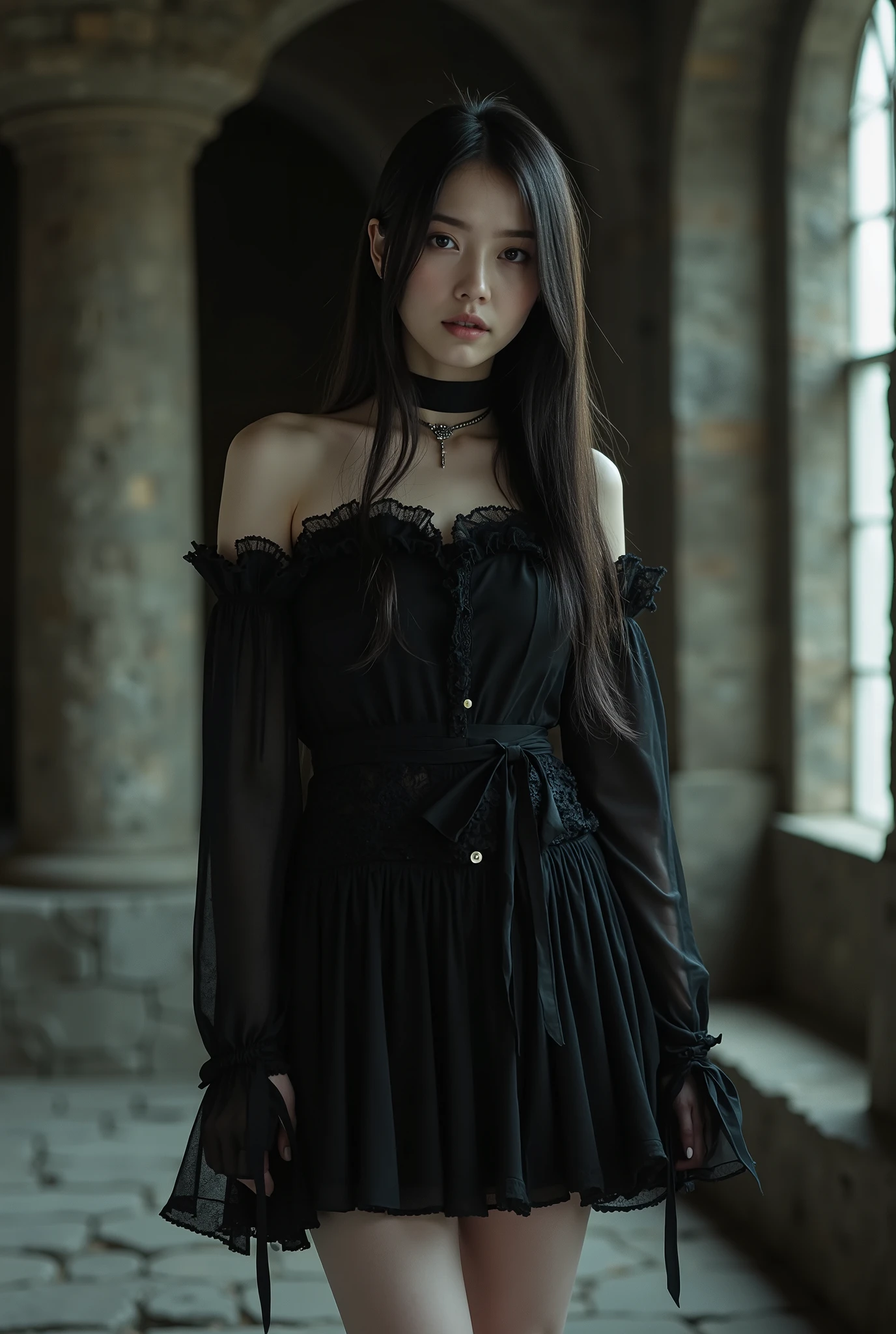 Create a stunning portrait of a beautiful Japanese idol in a gothic mini dress with gothic make-up. She should have semi-long hair, a slender body type, small breasts, and thin legs. The background should evoke a stone room in an old castle. Use cinematic lighting to enhance the overall aesthetic.