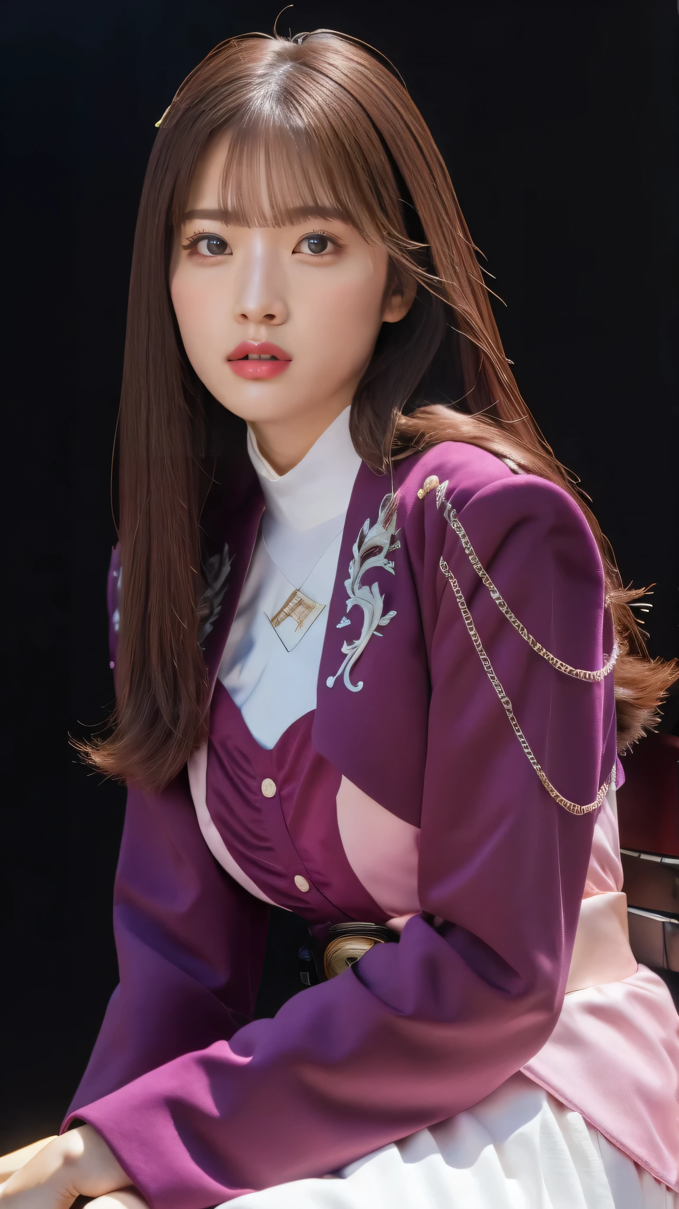 ( 高精細CG),( top quality ),((frontal view)),((Composition showing the upper body)),((black room background with no lights)),(( 1girl )), perfect face, shiny skin ,wide hips , thin waist, purple bolero jacket,((white skirt)), Long Sleeve , pink belt,((brown hair color )),straight long hair,((Composition showing the part above the knee where the eyebrows are bent in the shape of a C )),((sitting)),