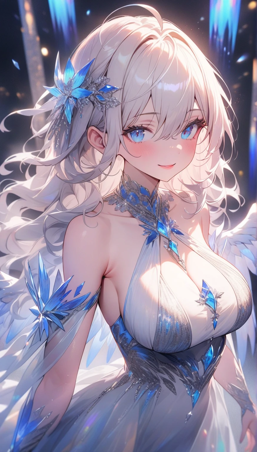 ((masterpiece, best quality)), Epic battlefield atmosphere,Delicate face,Snow Woman,winter,Snow Mountain,whole body,Standing picture,glowing white eyes,Large Breasts,Perfect body proportions,Pure white background,firefly,Snow,snowflake,Edelweiss,Lace,Transparent sex bikini