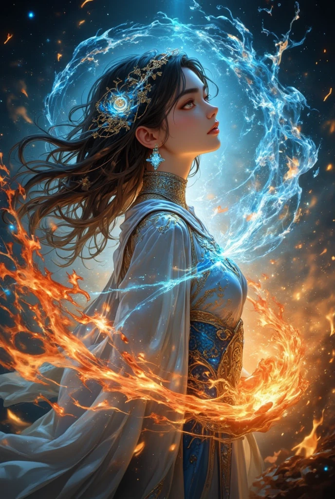 (fire element:1.1),Fire Lotus Underfoot,Composed of fire elements,(1个Giant Breast Girl:1.2),on fire,transparency,hot,(molten rock),Flame skin,Flame print,hot hair,smokes,Cloud,felling,,a girl wrapped in flames, Flames rise and sparkle,burning hands,Translucent glow,Highly realistic,beautiful pose,transparency,Sci-fi light effects,(Luminous circuit board:1.6),Long blue,