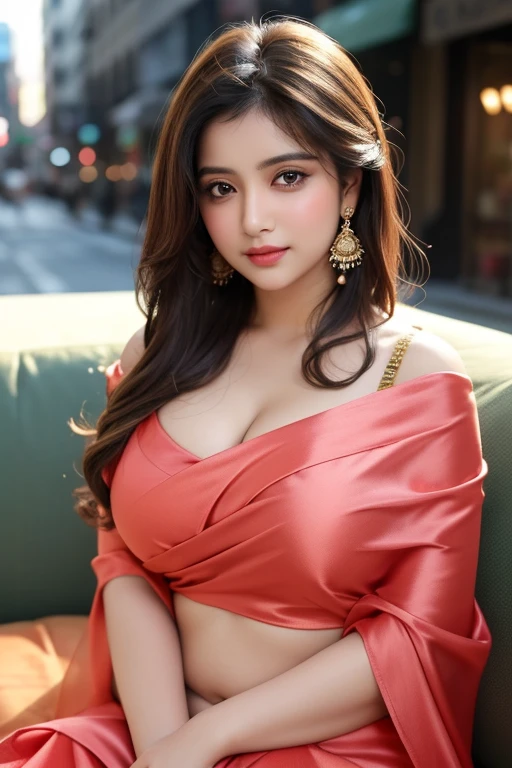(((desi girl))), chubby face, natural skin, (Big breasts:1.5), wearing red short blouse, charming black hair, ((hair ends are blonde)), wedding night room background, bokeh