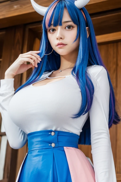 sylpha, long_hair, 1girl, blue_eyes, blue_hair, solo, blush, large_breasts, vest, white_shirt,, score_9, score_8_up, score_7_up, , ((high resolution 1.9)),((high quality 1.9)),((high detailed 1.9)),((masterpiece)),(perfect lightings)),((very Big breasts 1.9)), very Big breasts, bursting breast, ultra huge breast, ultra detailed, showing her sexy figure ,sexy navel