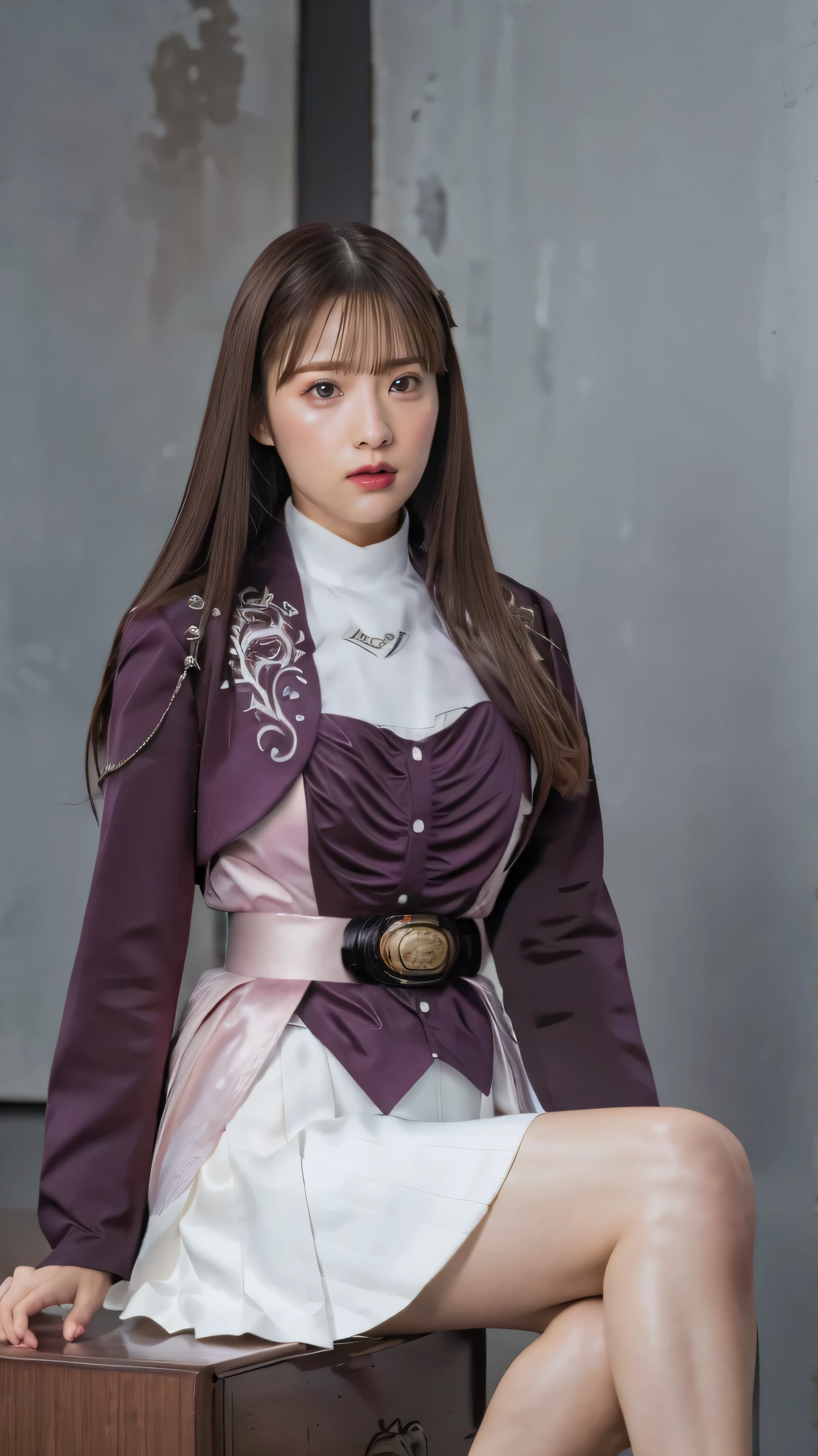 ( 高精細CG),( top quality ),((frontal view)),((Composition showing the upper body)),((black room background with no lights)),(( 1girl )), perfect face, shiny skin ,wide hips , thin waist, purple bolero jacket,((white skirt)), Long Sleeve , pink belt,((brown hair color )),straight long hair,((Composition showing the part above the knee where the eyebrows are bent in the shape of a C )),((sitting)),