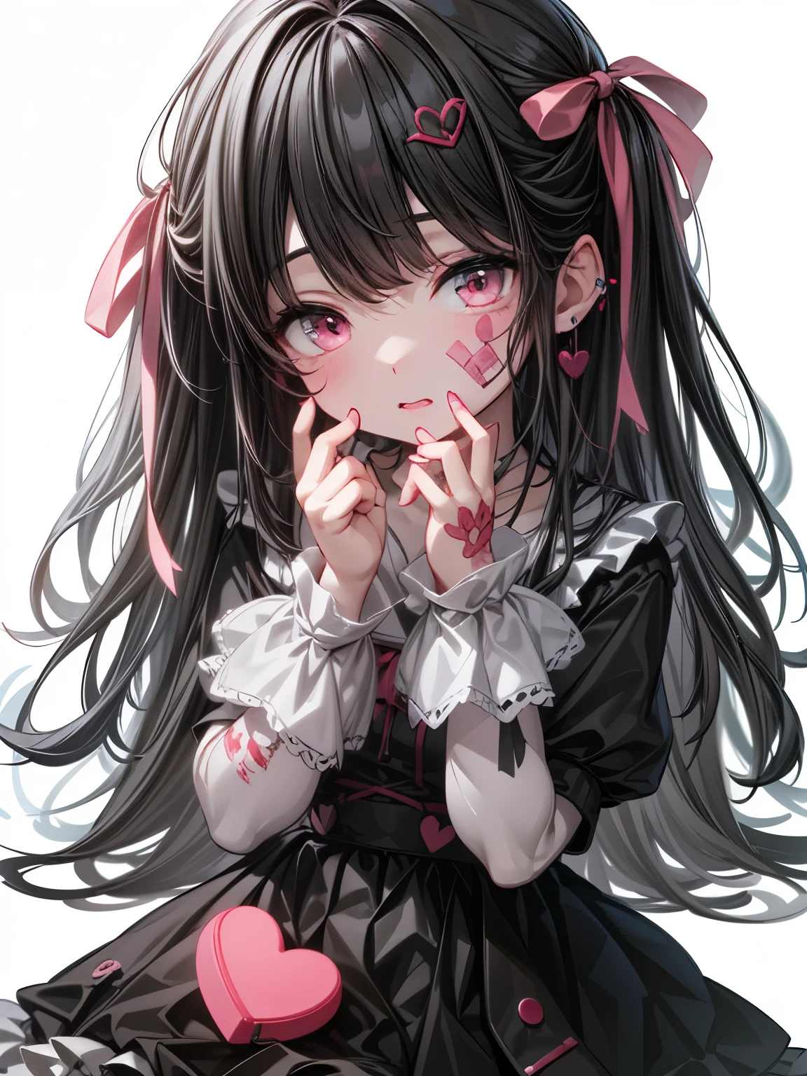 8k, pink adhesive plaster, pink lipstick, Sickly cuteいい, holding a bear, whole body, Front view, , cute face, sitting on the ground, an image of a girl, in the style of subtle color palette, oshare kei, deformed character, whole body, cute, an image of a girl, in the style of subtle color palette, Front view, distant view, full body, cute, Front , Sickly cute, holic girl, Yandere, long hair, long black hair, white skin, rich in detail, Holic Girl Addictive, Sick girl, black hairロング, dark hair, black hair, Life-size full body statue, masterpiece, best quality, very detailed, dark hair, long hair, black hairロング, Sickly cuteいい, Making a heart with hands, pink adhesive plaster, pink lipstick, black clothes, skirt, One Piece, frill, with lace, deformed character, full bodyを描く, You're sick, dark hair, long hair, landmine system, 4K, High Resolution, 8k, Extremely fine, realistic, HDR, Dark and Oppressive Atmosphere, Extreme Details, Vivid Color, Pink eyes, pink adhesive plasterを貼っている, pink lipstickを巻いている, earrings, with pink adhesive plaster on the face, have pink adhesive plasters on their cheeks, high image quality, high quality