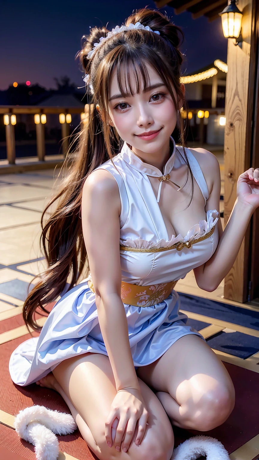 Japanese female, a lot of details, (underweight), 30 years old, detailed black hair, beautiful detailed hair, super fucking beautiful, delicate beautiful face, complex details beautiful and delicate eyes, perfect hands, (flat chest best quality:1.5), perfect and delicate limbs, detailed skin, best quality, ultra-detailed,(cheerful grin:1.5),
medium long shot, View from below, thick thighs, arm down, Long hair,(bun cover,china dress, long dress,tight mini skirt, gold decoration dress, sleeveless, ultra detailed dress,cleavage, cleavage cutout, clothing cutout), pale blue Clothes,