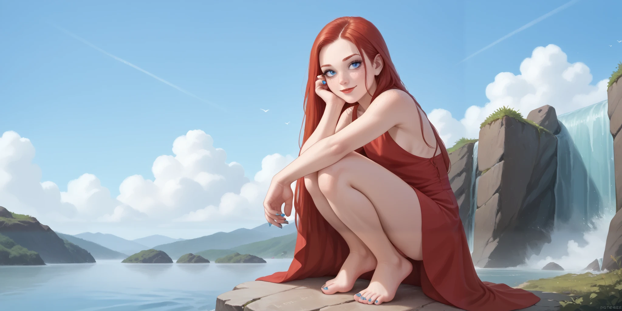 a squatting ager with her legs spread, flat breasted, long dress, long red dress with a very wide neckline, sitting on a rock, straight black hair breasts, very long hair, freckles, detailed ribs and small bare feet, red lips, eyeliner, smile, waterfall, clouds, blue sky, perfect nails, perfect feet, blue eyes, about the water, blue nails, , side boobs, up skirt, pantieless, red vagina, red anus