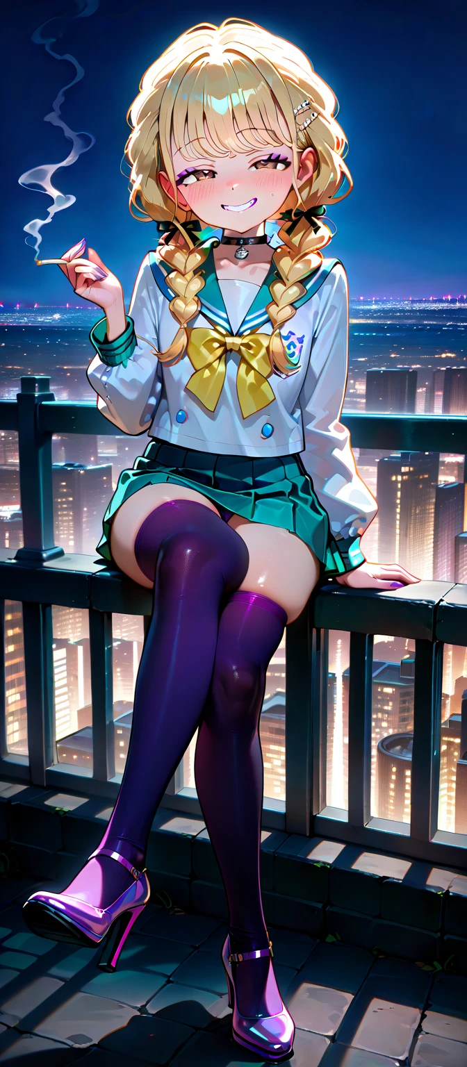 (( best quality, 12k, masterpiece :2)), beautiful woman with perfect body :70.2,slim abs :12,huge breasts:70,Leg lines:3,Body high:720 cm,头发long度:700 cm,huge ass,Thick thighs,Big breasts and thin waist,high socks,light blue hair,头发long得离谱,Cat ear,black socks,long,Blue eyes smile,long腿,((round frame glasses,,Sailor suit,pleated skirt,red bow tie)),glowing blue eyes,Sit in a tall building,City,ground,balcony