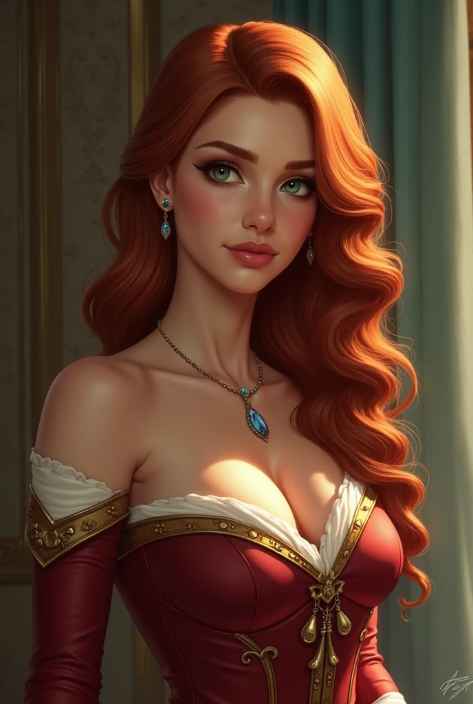 ((old painting portrait face and breast close up)) ((round ornamented frame)) woman beautiful face, big glowing green eyes, bright red lipstick, dark eyeshadows make up, (prideful look) long straight redhead hair, (freckles pale skin), gold tiara, gold neck ornament, (huge breast), slim figure, (strapless dress) (large cleavage), hand playing with hair, (masterpiece, intrincated details, reflex, photo realistic, amazing lights and shadows) (8k) perfect eye, perfect face, inside dark room background