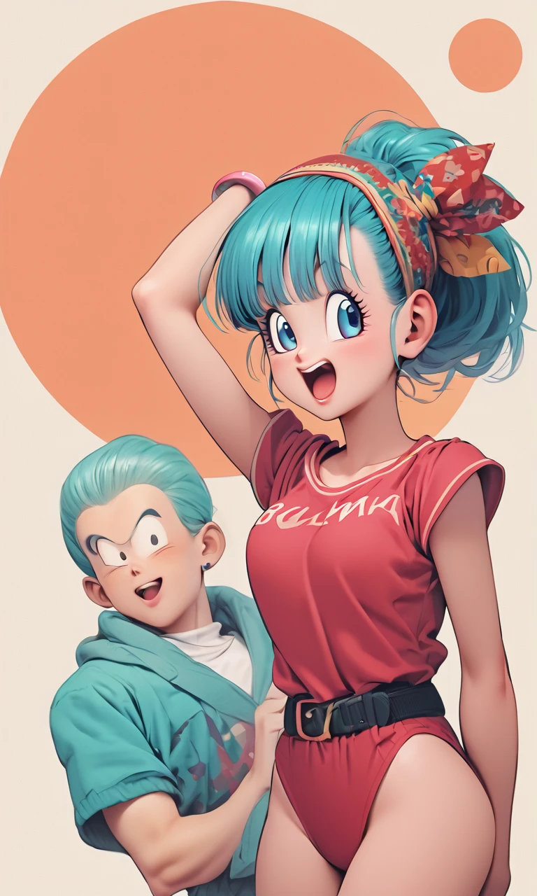 masterpiece, 1080i quality, highest quality, (perfect illumination), perfect anatomy, perfect face, perfect eyes,
bulmadbzreddress, aqua hair, short hair, blue eyes, earrings, red dress, yellow scarf, black watch, skirt from behind, grinning