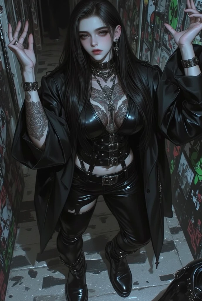 a beautiful emo girl, dark makeup, black hair, pale skin, piercing gaze, choker, ripped fishnets, black leather jacket, dark aesthetic, moody lighting, cinematic, dramatic shadows, neon signs, cyberpunk, dystopian, intricate details, highly detailed, masterpiece, 8K, hyper-realistic