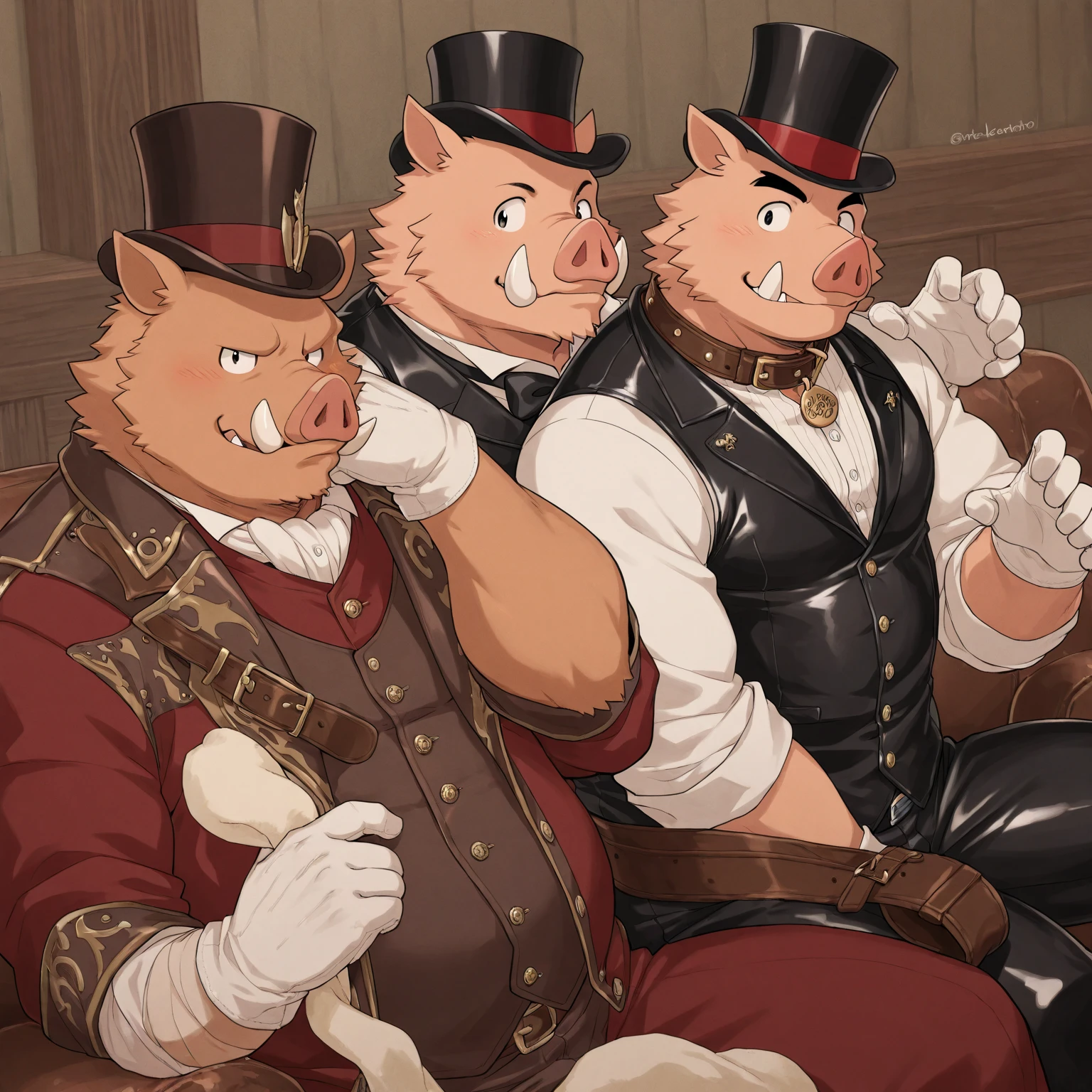 Solo, Male, fat, extremely obese, gentleman, dapper Professor Otter with a large penis and testicles, ejaculating extreme amounts of sperm from the penis, blue eyes, (posing:1.3), (soft shading), 4k, hi res, ((detailed face, detailed)), evil grin, steampunk, collared shirt with buttons, top hat, male focus, Explorer Outfit, glasses, monocle, vest with buttons, backpack, sleeves rolled up, round eyewear, brown headwear, brown vest, Otter is wearing a glossy leather dog collar around the neck, Otter is wearing the leather collar and shirt and vest at the same time, Otter is wearing glossy white rubber gloves on the hands, wearing white rubber gloves on the feet, Otter is wearing glossy white cuffs around the wrists with cufflinks, gloves are rubber in texture, clenching teeth, clenching fists, leather collar is glossy and shiny with a lot of detail, Otter is wearing gloves and cuffs and cufflinks at the same time, leather collar has a round dog-tag, leather collar is thick and detailed, sperm is sticky in texture. A Second Otter with the same attire, helping the fat Otter ejaculate sperm from his penis, Second Otter is rubbing the fat Otter's Penis, Second Otter is wearing glossy white rubber gloves on the hands and feet, Second Otter is wearing a glossy leather dog collar around the neck, second Otter is wearing the leather collar and vest and shirt at the same time.