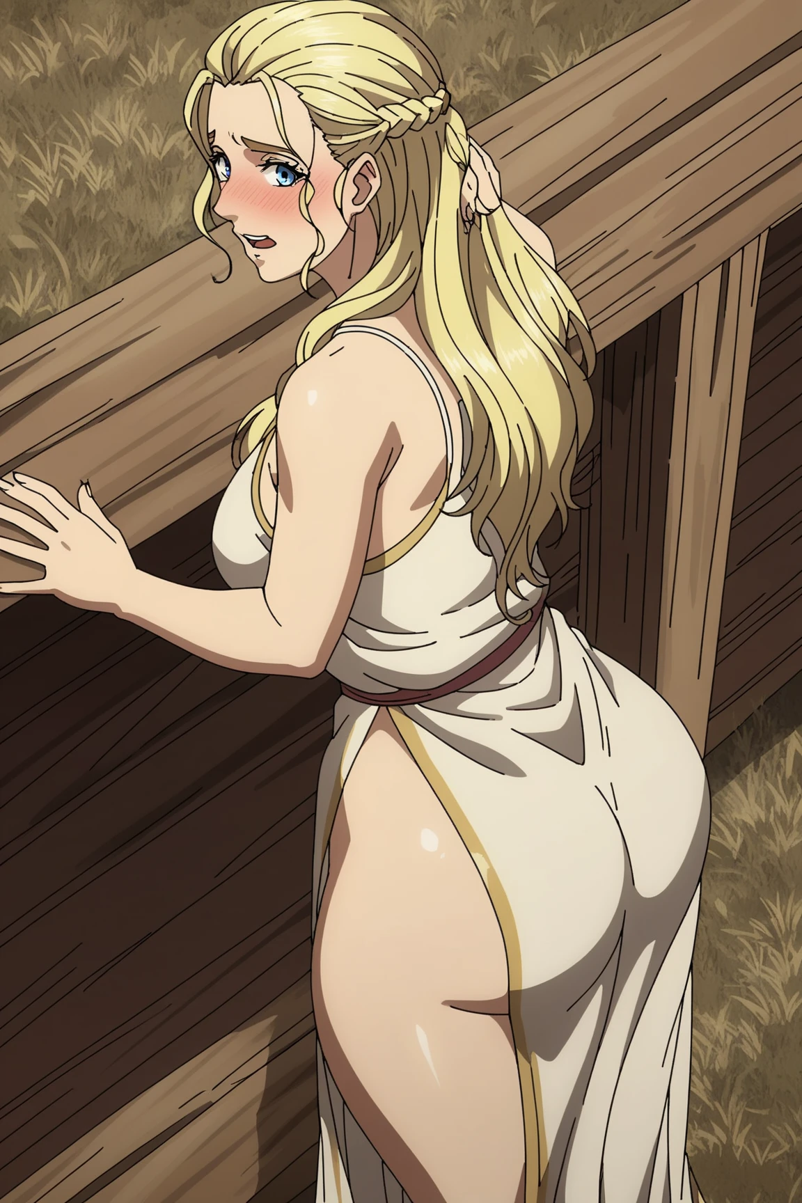 Beautiful 1girl, full body, solo, (very long waist length blonde hair, straight blonde hair: 1.28), ((light blue eyes)), clear skin, (large darker fox ears: 1.35), pale skin, medium breasts, cleavage, (thin hips, thin waist , athletic body: 1.25), background, looking away, shy smile, revealing clothes, (wearing Priestess Lori See-through Robe of White and Red and Gold, Off Shoulder,: 1.5), (arched back, Appearance from behind, round ass:1.7), (tropical waterfalls, water: 1.15), 4k textures, soft light, elegant, highly detailed, sharp focus, soothing tones,