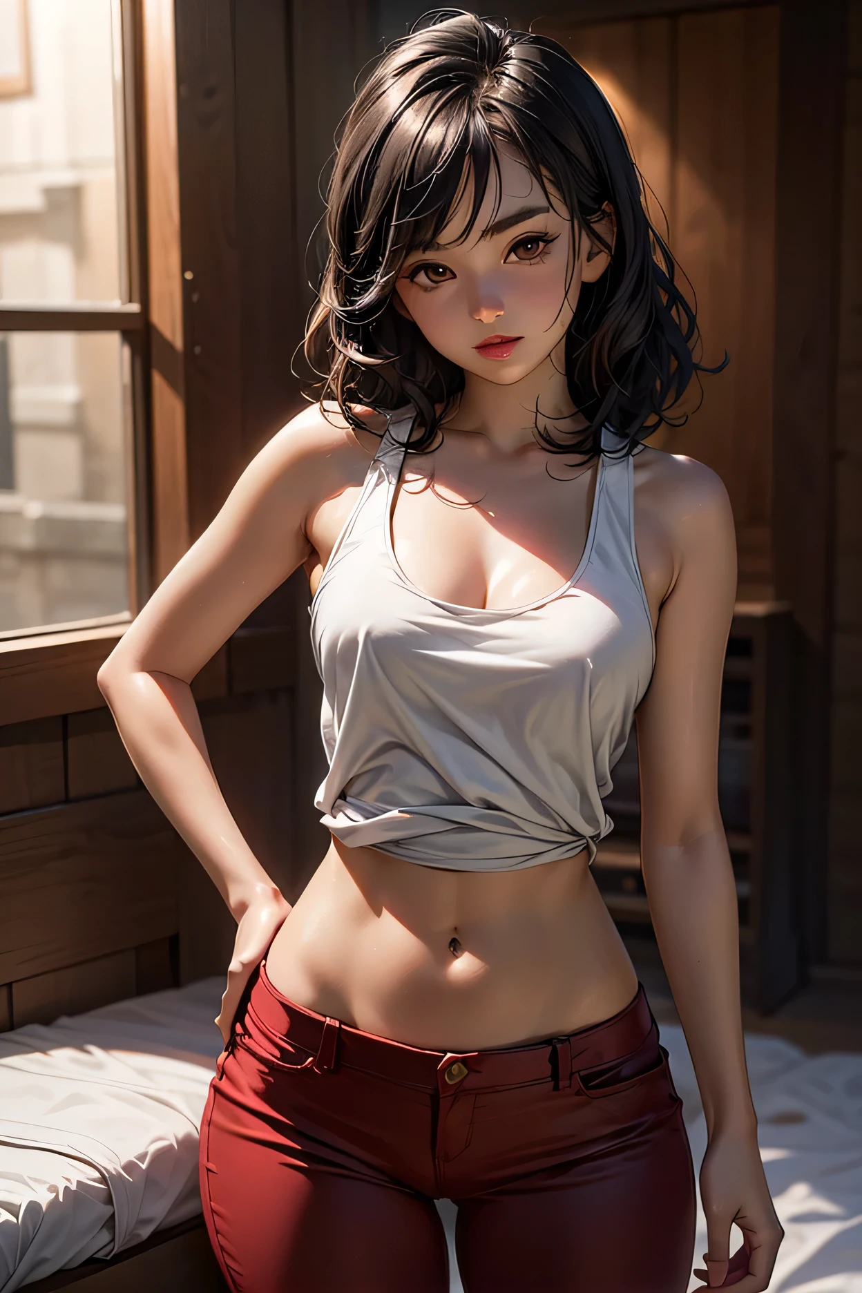 perfect body, black hair, medium hair, black thin eyebrows, brown eyes, black eyeliners, nose, thick lips, red lips, small breasts, (white tank top), hand on hip, standing, pants, red panties, (thick thighs:1.2)