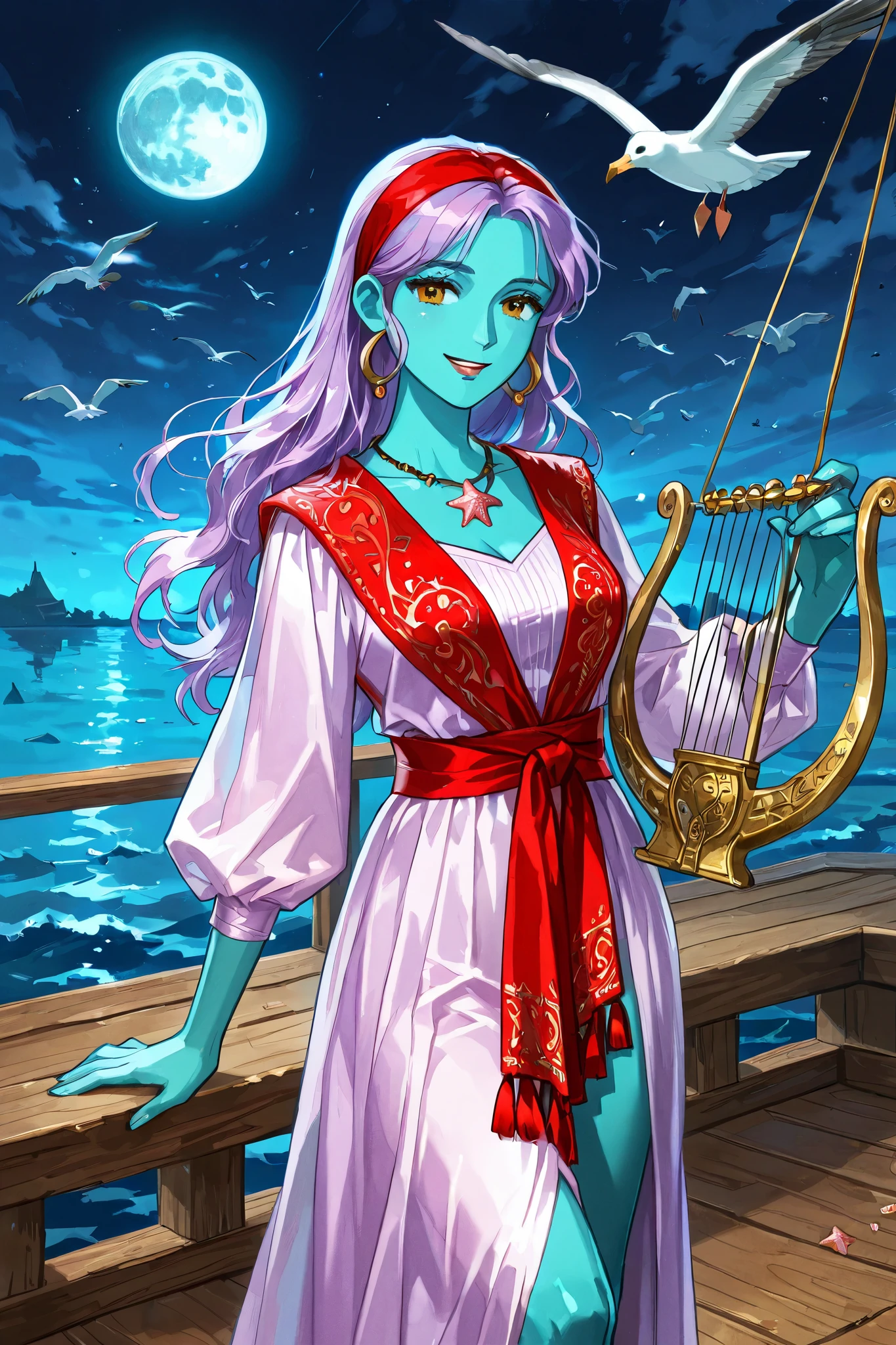 triton, solo, female, turquoise skin, lavender colored hair, gold eyes, red gypsy headband, glossy lips, (cream colored 18th century dress, gypsy style, knee length), beautiful body, starfish necklace, dazzling, graceful, smiling, holding a small harp in her right hand, standing on the deck of a wooden ship, night scene, full moon in sky, seagulls flying in background, dungeons and dragons, fantasy art, close up shot, npcp, legs visible at the knee