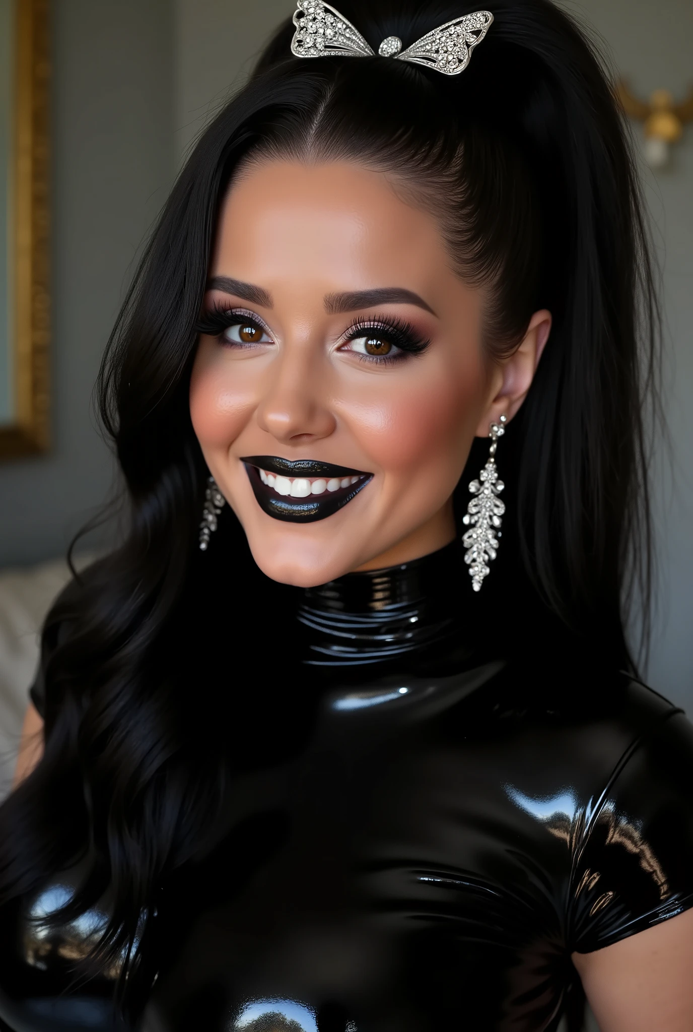 outrageously long and voluminous lash extensions., laughs a lot, Latex suit, diamond ear earrings, black hair, black lips, bright black makeup, large butterfly shaped hair clip