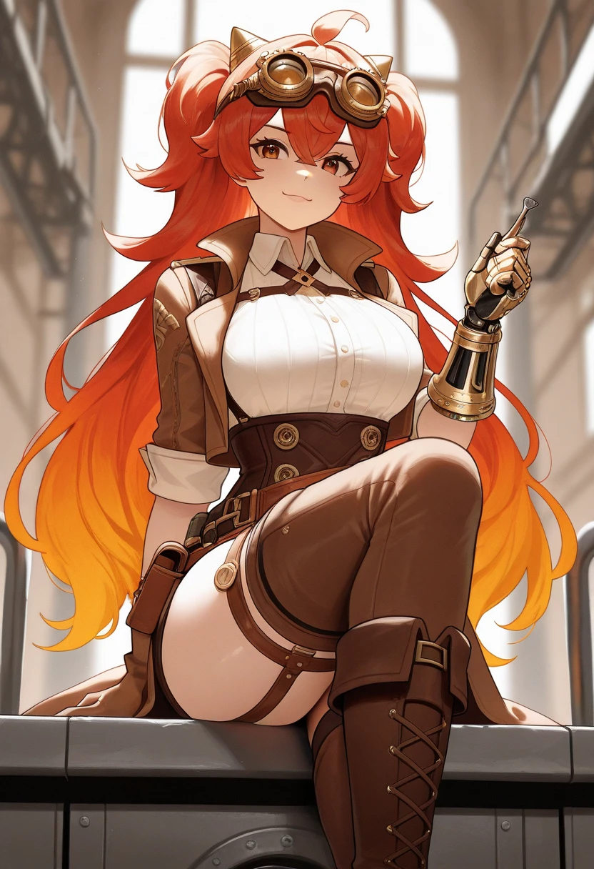 [Detailed illustrations, art based on extremely ideal anatomy, very detailed and detailed drawings, delicate lines with slow and urgent, realistic texture expression],(((Color tressed main lines)),(Artwork of outstanding craftsmanship),Boiler room background (golden gears,brass pipe,(dancing flame)),HENTAI Anime Flame Witch Beauty 19 years old Fiery redhead (super long hair) ( Thin breasts) Thick thighs, (clear skin life force), witch's hat enamel leather suit Thigh boots (ruby earrings at navel) ((Phoenix crest)) (Ruffled lace embroidery),(SteamPunk) Gravure,((Fine and beautiful skin expression (transparency))),((Clear gaze)),((Perfect eye details (beautifully drawn pupils))),( Beautiful perfect face (realistic face details)),((Beautiful hair details)),(Perfectly proportioned proportions)),(Design built to a high level,((Advanced structural understanding of materials)),Ideal color coordination),((Artistic decoration)) ((Dense details)),((Detail,High definition)),[(Ultra-precision detail),(((Multilayer texture)), HighQuality,High Resolution],((Accurate simulation of light-material interaction, understanding of air flow, mechanically correct representation)),(((Visual art with a sense of narrative)).