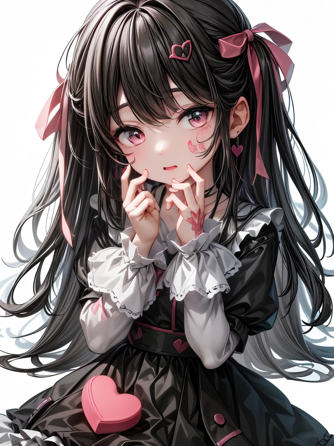 8k, pink adhesive plaster, pink lipstick, Sickly cuteいい, holding a bear, whole body, Front view, eight years old, cute face, sitting on the ground, an image of a girl, in the style of subtle color palette, oshare kei, deformed character, whole body, cute, an image of a girl, in the style of subtle color palette, Front view, distant view, full body, cute, Front , Sickly cute, holic girl, Yandere, long hair, long black hair, white skin, rich in detail, Holic Girl Addictive, Sick girl, black hairロング, dark hair, black hair, Life-size full body statue, masterpiece, best quality, very detailed, dark hair, long hair, black hairロング, Sickly cuteいい, Making a heart with hands, pink adhesive plaster, pink lipstick, black clothes, skirt, One Piece, frill, with lace, deformed character, full bodyを描く, You're sick, dark hair, long hair, landmine system, 4K, High Resolution, 8k, Extremely fine, realistic, HDR, Dark and Oppressive Atmosphere, Extreme Details, Vivid Color, Pink eyes, pink adhesive plasterを貼っている, pink lipstickを巻いている, earrings, with pink adhesive plaster on the face, have pink adhesive plasters on their cheeks, high image quality, high quality