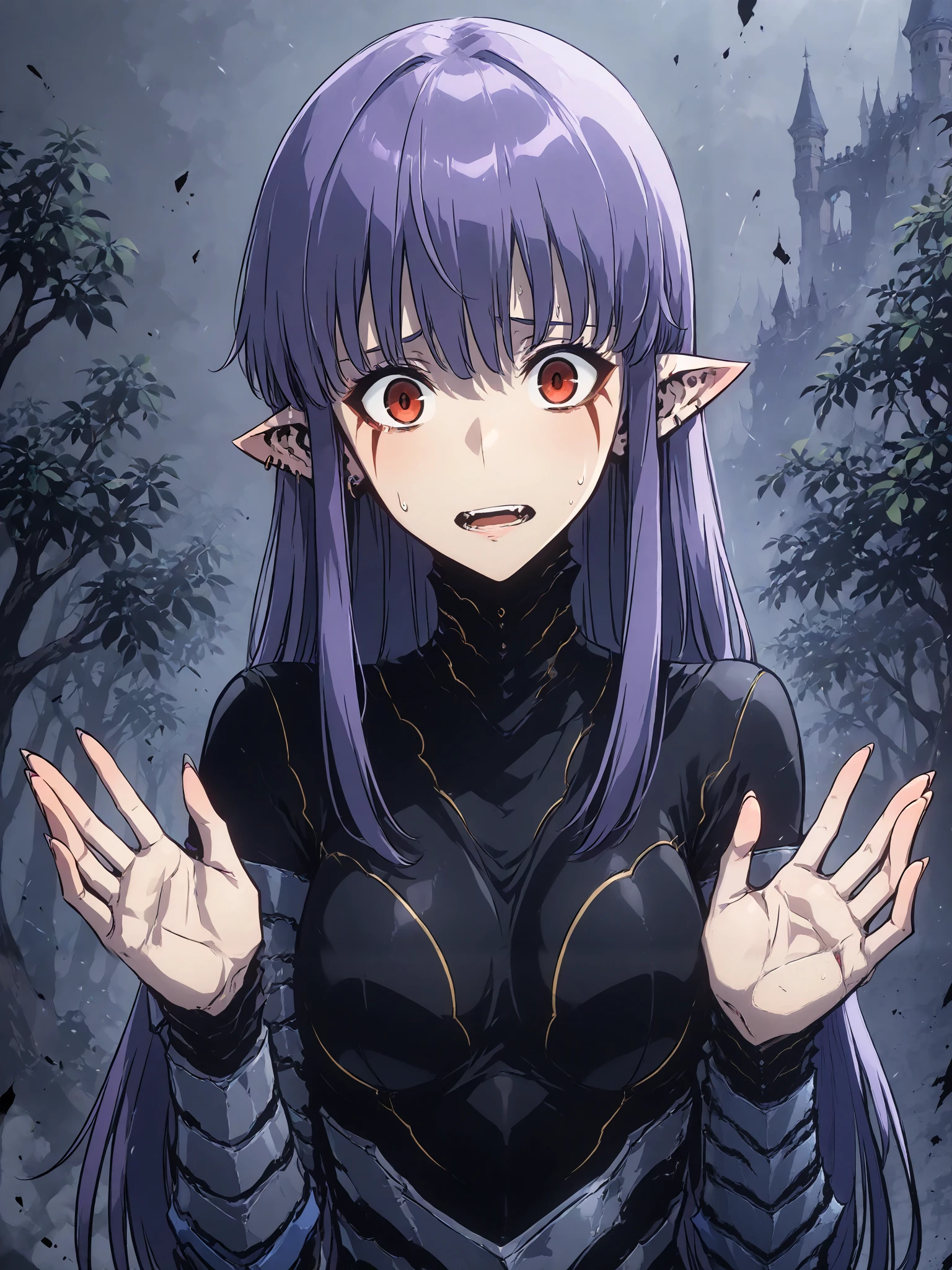 1girl, solo, esil radiru, beautiful, extremely worried, waving hands in front of body, panicking, plain black shirt, slender body, medium breasts, highly detailed eyes, expressive eyes, natural eye shape, iris with visible details, anatomically correct, super detailed, high details, intricate details, accurate, dynamic angle, dynamic poses, highres, absurdres, (masterpiece:1.5), (best quality:1.2), amazing quality, 4k, demon castle