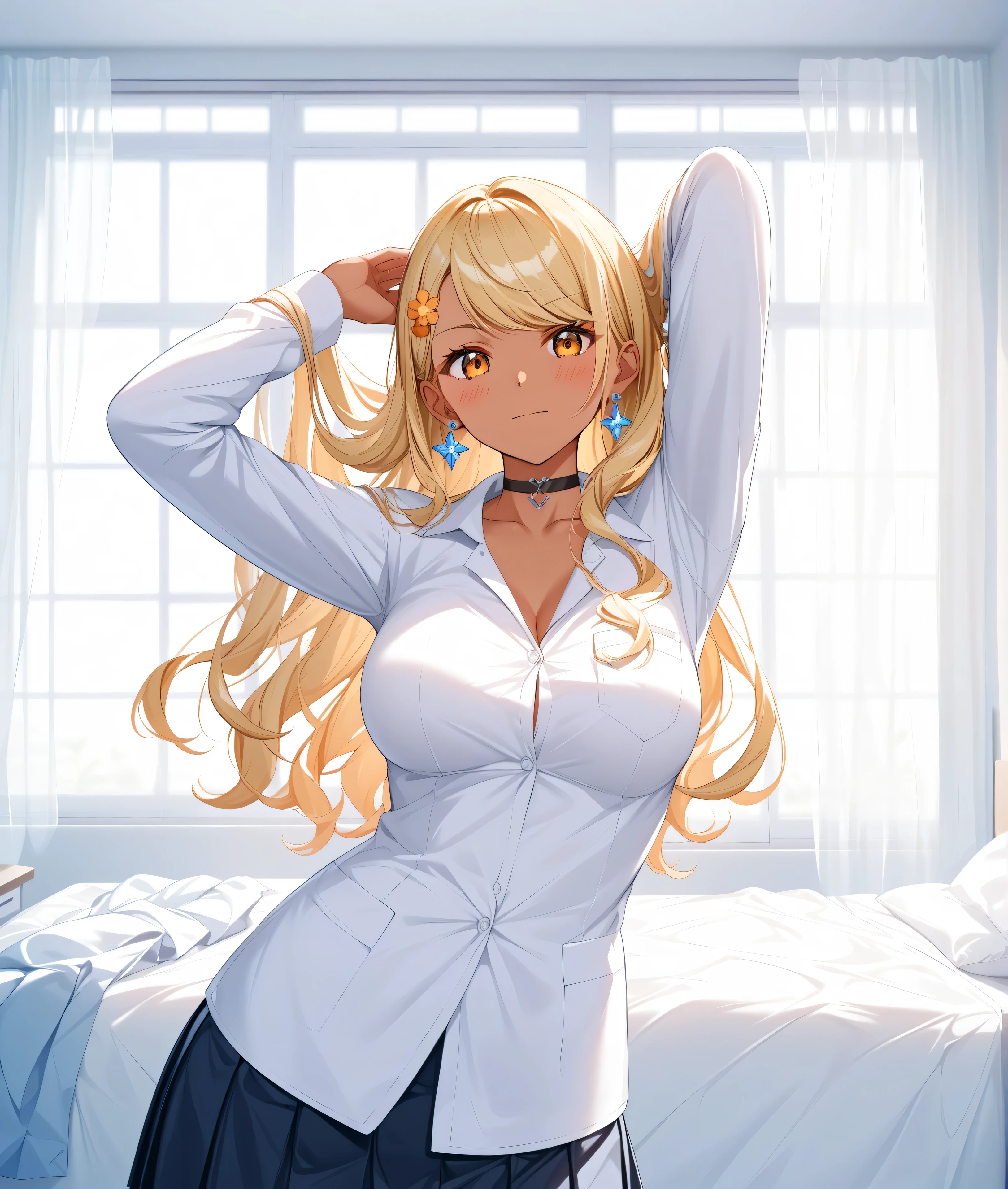 master piece、Best Quality,Super detailed,High resolution,Extremely detailed CG,Unity 8K Wallpaper,weat,score_9, score_8_up, score_7_up, score_6_up, score_5_up, score_4_up, source_anime,QpiOriginal, orange eyes, dark skin, blonde hair, long hair, swept bangs, flower hairclip, blue earrings, black choker,school uniform,professional quality、big hip、medium breasts,nsfw,bed room,nsfw,Romanticism、thick thighs,wide hips,NSFW,armpit focus,big butt,Official Art,mature female,perky breasts,embarrassed,athletic female