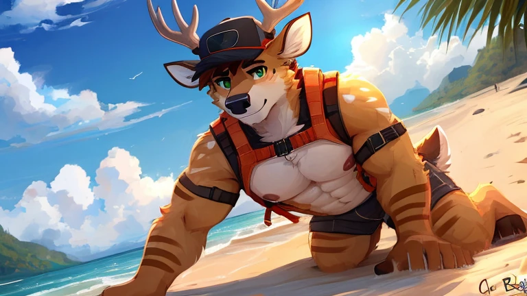 POV,top angle,sleep on stomach,lats,trapezius,butt lift,kemono, anthro (brown dog), male, (brown dog), muscular, back, red body, white belly ,sweat, ((correct anatomy)), stand, beach, perfect beach background, 1 boy, solo, wearing jockstrap, pain expression, canine tooth, hd, dark shadows, wide dynamic range, hdr, low light:1.2, front view, full body, canid, canine, canis, domesticbrown dog mammal, nordic sled brown dog, fullbody, full res, smile, lifeguard, wearing Tank top, full body, camera view, side view, full view, whistle, look at viewer