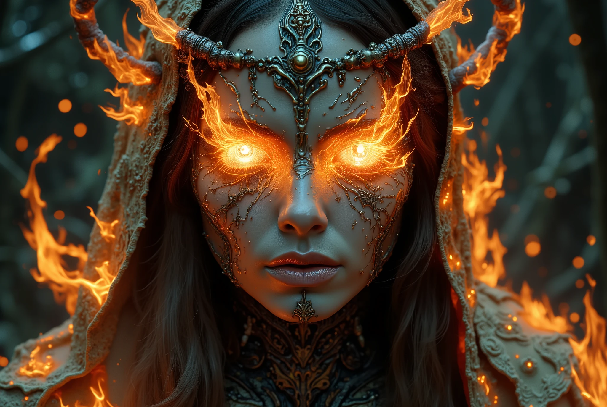 there is a picture of a pair of eyes with flames on them, digital art inspired by Petros Afshar, tumblr, digital art, fire eyes, symmetry!! portrait of hades, symmetrical digital illustration, red fire eyes, dan mumford and alex grey style, he has eyes of fire, oni, fantasy rpg symmetrical portrait, fire demon