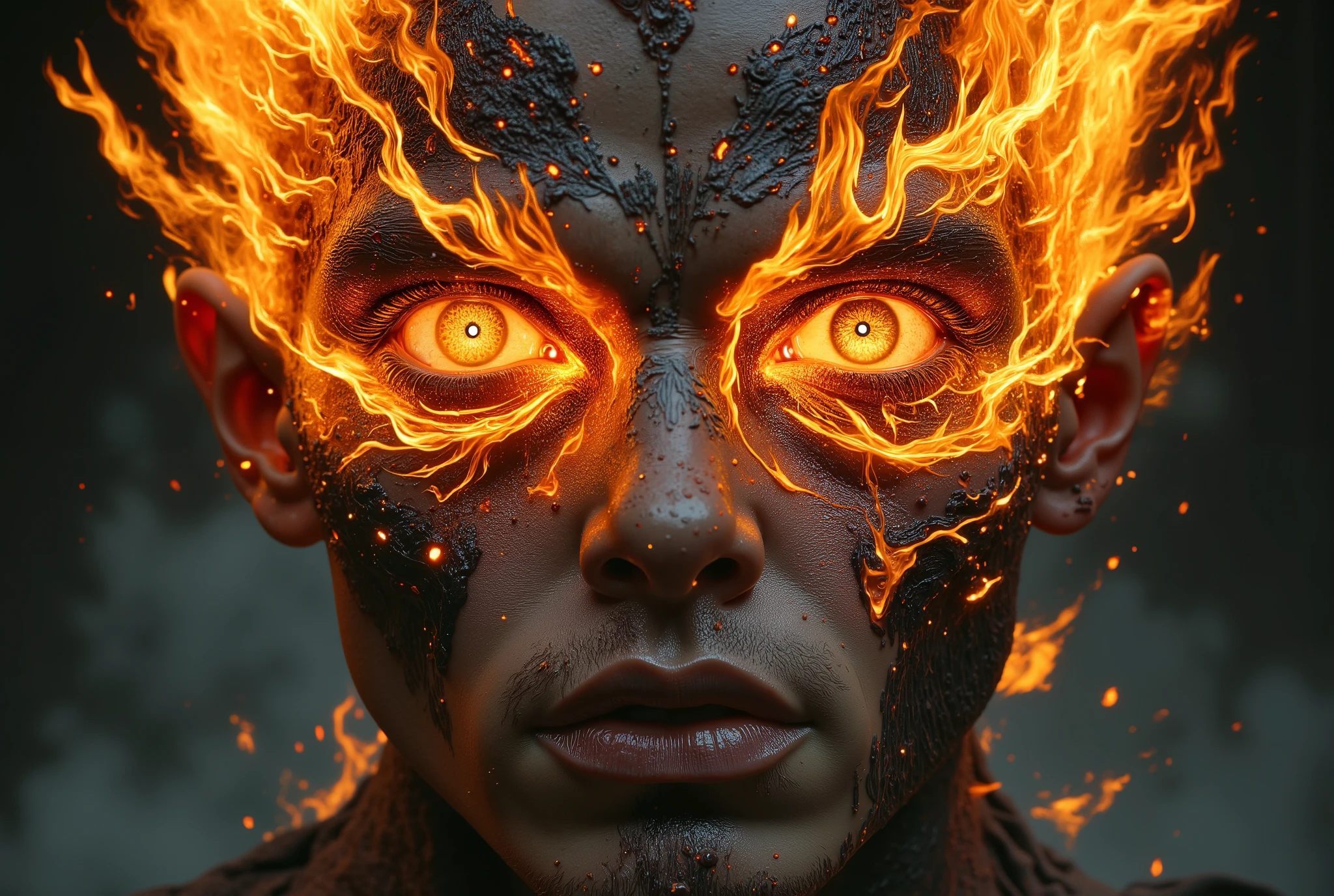 there is a picture of a pair of eyes with flames on them, digital art inspired by Petros Afshar, tumblr, digital art, fire eyes, symmetry!! portrait of hades, symmetrical digital illustration, red fire eyes, dan mumford and alex grey style, he has eyes of fire, oni, fantasy rpg symmetrical portrait, fire demon