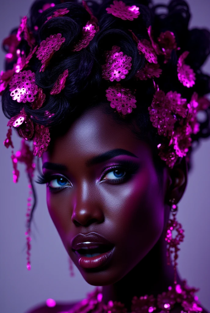 a beautiful black model wearing a corset, candy themed, sweets, dynamic pose, hyper-realistic, intricately detailed, raw photography, high quality, 8k, detailed facial features, beautiful eyes, beautiful lips, long eyelashes, flawless skin, studio lighting, vivid colors, cinematic lighting, dramatic shadows, glossy, shiny, metallic, glossy, jewelry, hair flowing, elegant, sensual, feminine, fashionable, editorial, dramatic