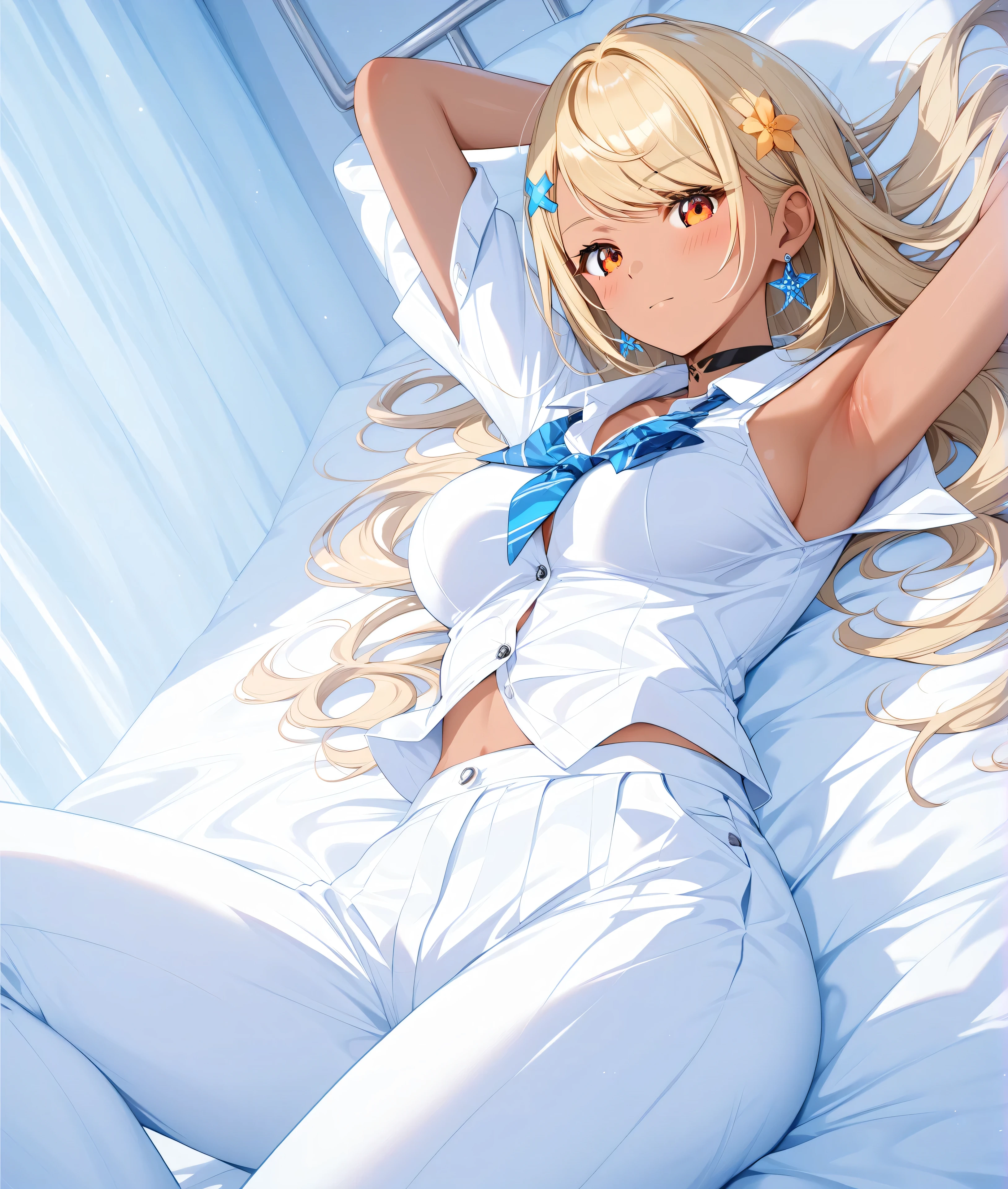 master piece、Best Quality,Super detailed,High resolution,Extremely detailed CG,Unity 8K Wallpaper,weat,score_9, score_8_up, score_7_up, score_6_up, score_5_up, score_4_up, source_anime,QpiOriginal, orange eyes, dark skin, blonde hair, long hair, swept bangs, flower hairclip, blue earrings, black choker,school uniform,professional quality、big hip、medium breasts,nsfw,bed room,nsfw,Romanticism、thick thighs,wide hips,NSFW,armpit focus,big butt,Official Art,mature female,perky breasts,embarrassed,athletic female