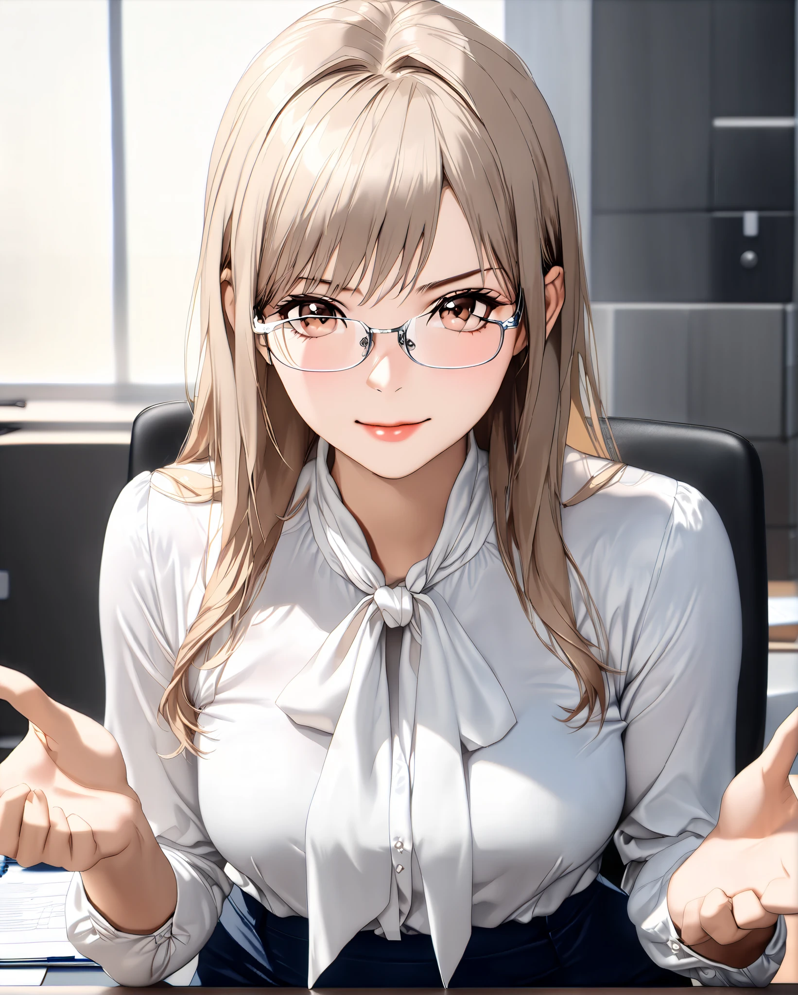 bow blouse, anime - style image, a woman sitting on a chair in the office room, (((A woman wearing thin metal frame glasses))), Short cuffs, Realistic body structure, A body with perfect style, (((A pose with arms spread wide))), (((classical and office style Soft material shiny white tie-neck blouse))), (((Slightly dull white office style classical tie neck))), seductive anime girl, 8k, Score_9, Score_8_up, Score_7_up, realistic office lady, Soft material long sleeves blouse with a regular cuffs, regular sleeves, A realistic Soft material blouse, realistic tie-neck, fine details, a couple tie neck, A tie-neck in the same color as the blouse, Slightly dull white bow tie, attractive anime girl, Symmetrical ribbon, hyper-realistic office lady, smooth anime CG art, beautiful anime office lady, The bow tie is meticulously tied in a perfect, bow tie with large loops ribbon, the ribbons are slightly curled at the ends, The knot of the bow tie is meticulously detailed, showing the intricacies of its construction, Subtle shadows define the contours of the bow and the delicate folds of the ribbons, anime visual of a cute 26-old woman, navy blue mini tight skirt from H&M, the tight skirt non-glossy polyester, soft lighting, There is no color other than navy blue in the skirt,