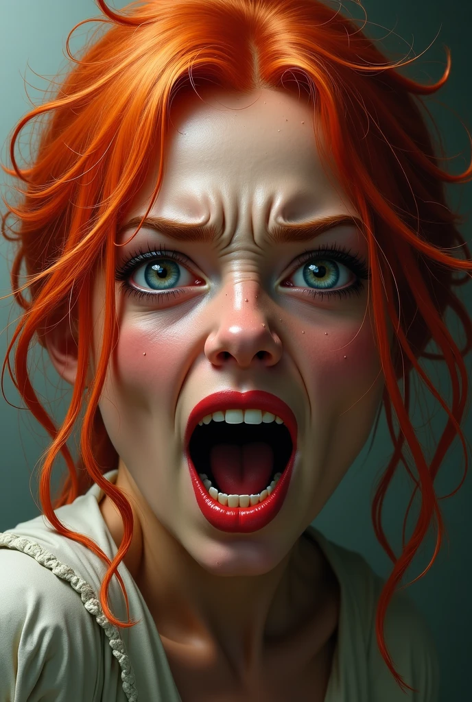 create a 3d illustration, model realisitic, exuberant, anger, woman sofisticaded, orange wave ombre red hair, luxury, realisitic, eyes browns, ninth time, Red lips, anger expression, Pixar-style, fashionable, rock red dress, Search for the camera, White background, Photo of the center,
super HD,