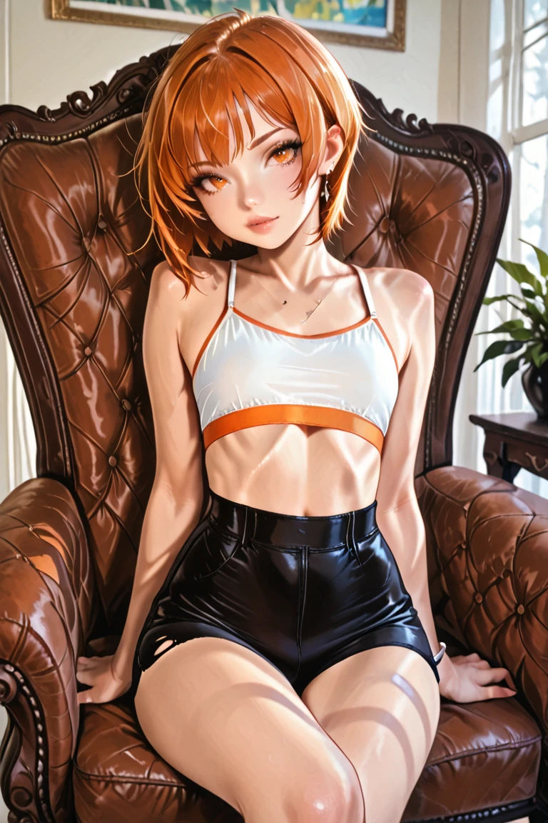 The centerpiece of the image is Misty from Pokémon, standing outdoors with a confident smile. She has orange hair styled in a side ponytail, and is wearing denim shorts with suspenders over a ((black crop top)) that shows off her midriff and navel. Her short hair frames her face, while her cowboy shot posture exudes confidence and strength. ((orange-colored hair)), (collar bones), (breast gap)
Misty is accompanied by a cute Dragon.
Overall, the image is a masterpiece, with high-quality details and a realistic rendering of Misty, her outfit, and her companion monsterfish. The colors are vivid and eye-catching, and the image is high-resolution, capturing every nuance of Misty's confident and adventurous spirit.