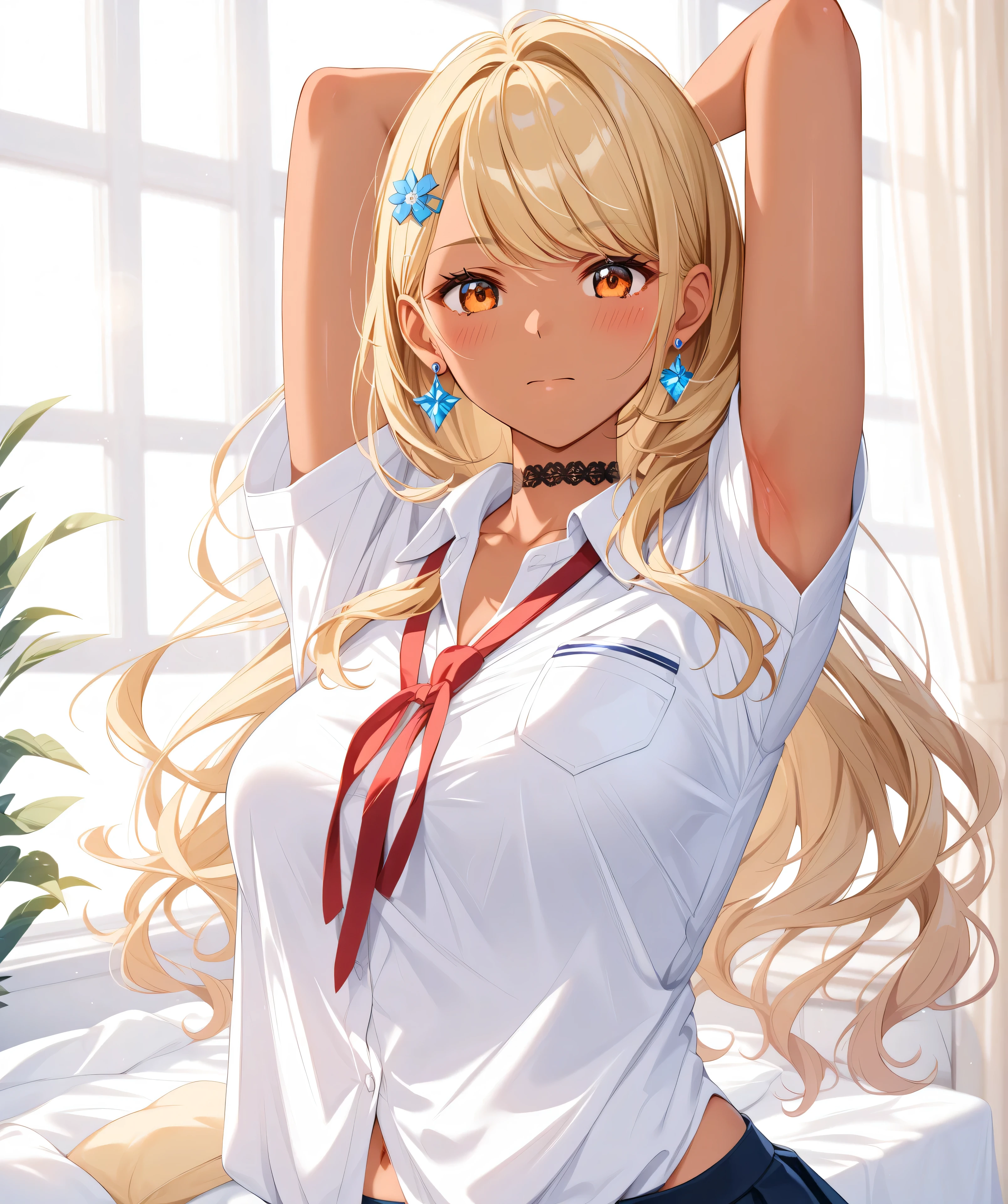 master piece、Best Quality,Super detailed,High resolution,Extremely detailed CG,Unity 8K Wallpaper,weat,score_9, score_8_up, score_7_up, score_6_up, score_5_up, score_4_up, source_anime,QpiOriginal, orange eyes, dark skin, blonde hair, long hair, swept bangs, flower hairclip, blue earrings, black choker,school uniform,professional quality、big hip、medium breasts,nsfw,bed room,nsfw,Romanticism、thick thighs,wide hips,NSFW,armpit focus,big butt,Official Art,mature female,perky breasts,embarrassed,athletic female