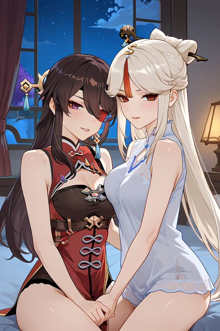 (2 Girls 1.4), (1st party using lora1 Ningguang genshin impact), (The 2nd person uses lora2 Beidou genshin impact........)Two women were sitting on the floor and one was holding a knife in hand..................., One woman carries another woman..................., Sit with your wrists together..................., Two beautiful girls in love, Two women..................., Lesbian Art, Homosexual girl groups, Handshake, vector art illustration, flat illustration, Flat shading illustration, Lie down with your wrists together..................., two girls, lesbian, Embrace Lesbians,(2:Girls together....................), (NSTDA.:1.2), (10, beste-Qualit, master-piece: 1.4), ultra-high resolution, (lifelike, photorealistic portrait: 1.48), 20 age, Cute Girl, (See through the bikini beetle), Famous Japanese actors, beautiful clear eyes, G Cup Big Breasts, Head tilt., cowboy shot, from the side, looking at the audience, expressionless, Beautiful lake, Zeiss 150mm F/ 2.8 Hasselblad, Around the lake there are high mountains surrounded by striped mountains......................, Whole body, foot, Ultra-Wide Angle, The backyard is a beautiful sea........................................................................ ,