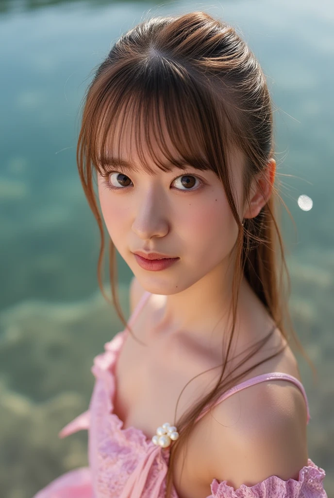(Best Quality, masutepiece, Ultra HD: 1.3), 1womanl, （middlebreasts）, light brown hair,  Asymmetrical hair , half up ,wetting hair,（slender body shape,Constricted waist）, （Ultra Fine Face）, Delicate lips,（beautidful eyes）, thin blush, eyes are brown, （Wet and shiny skin:1.3）, hide one's hands, Navy blue bikini, (Wet:1.5),(a japanese girl,hposing Gravure Idol),bustshot,Broad-leaved forest,outdoor bath