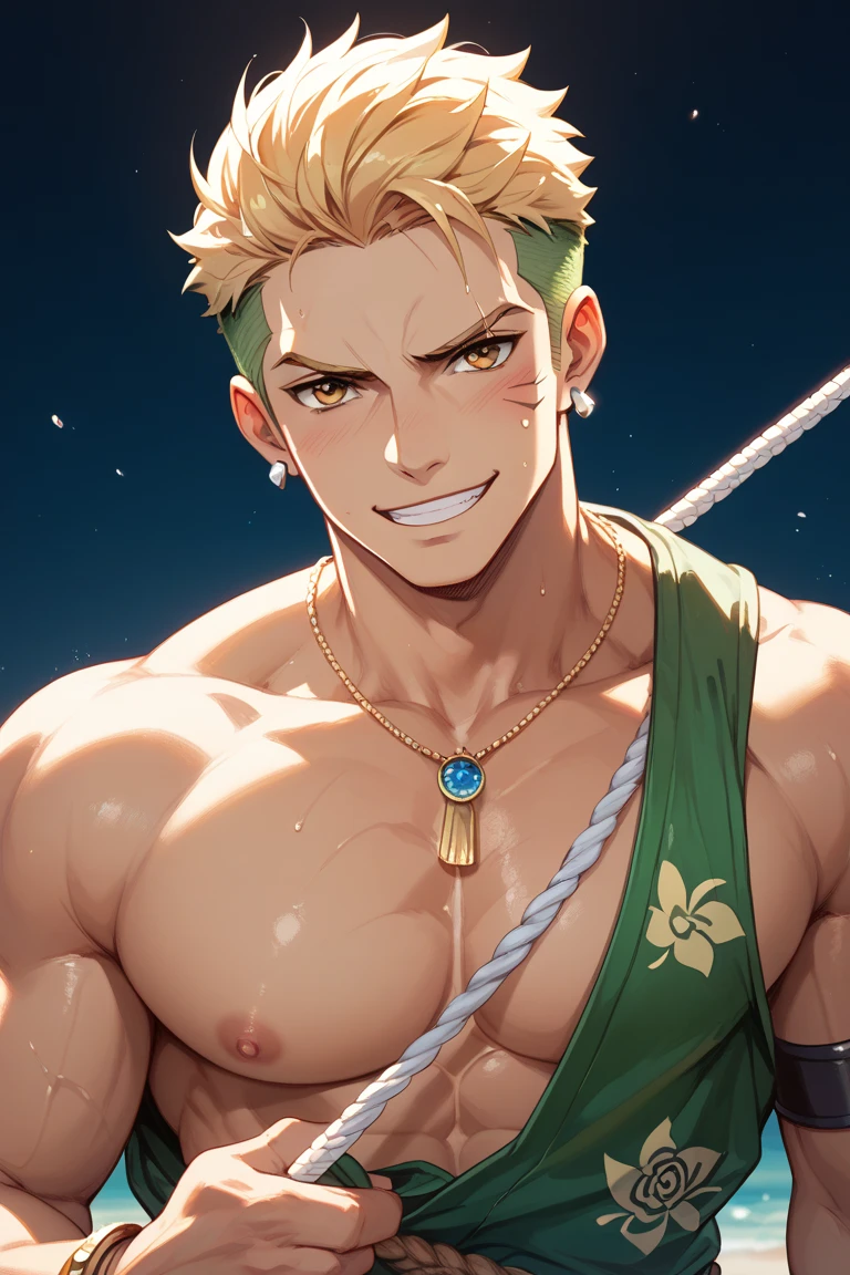 Man, anime, cabelos pretos, cabelos longos, cabelos muito longos, cabelo entre os olhos, olhos verdes, Pupilas verdes,sorrir, tatuagem no peito, tatuagem, Pants, sozinho, Foco masculino, Olhando para o Viewer, macho de peito nu, musculoso, qualidade de obra prrima, 4k, Ultra Detalhe