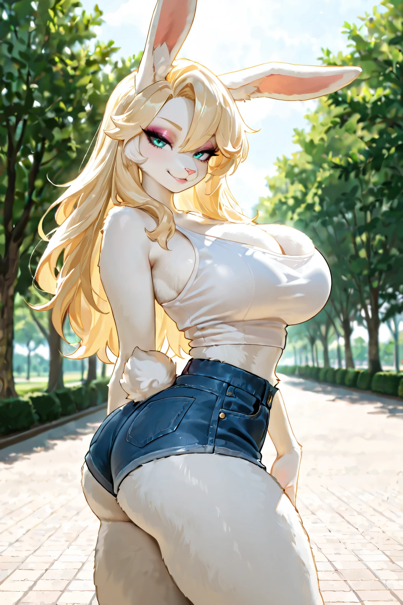 ((High resolution)), masterpiece, high quality, 最high quality, beautiful, Perfect lighting, Detailed face, Super cute face, Cowboy Shot, ((One girl)), ((alone)),
Long Hair, Fluffy hair, Blonde Hair, blue eyes, ((blush)), Embarrassing, Nervous, shy, View Viewer, Put your arms behind your head, Stretching pose, Tank top, Shorts, (Thick thighs), (Wide Hips), (Chubby), (Chubby belly), Cleavage, ((Big Breasts)), 
20-year-old female, standing in a garden, (garden), Daytime,
