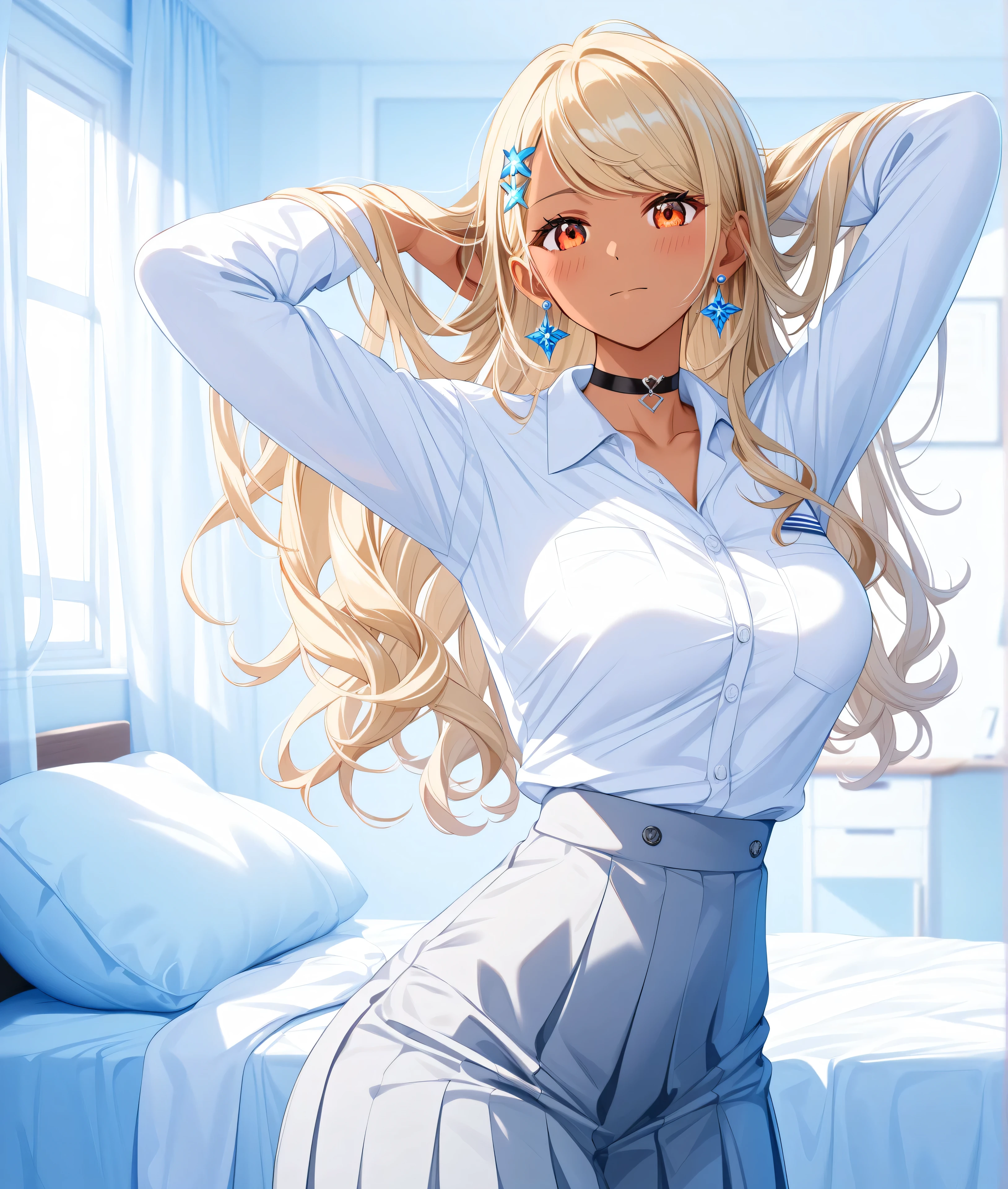 master piece、Best Quality,Super detailed,High resolution,Extremely detailed CG,Unity 8K Wallpaper,weat,score_9, score_8_up, score_7_up, score_6_up, score_5_up, score_4_up, source_anime,QpiOriginal, orange eyes, dark skin, blonde hair, long hair, swept bangs, flower hairclip, blue earrings, black choker,school uniform,professional quality、big hip、medium breasts,nsfw,bed room,nsfw,Romanticism、thick thighs,wide hips,NSFW,armpit focus,big butt,Official Art,mature female,perky breasts,embarrassed,athletic female