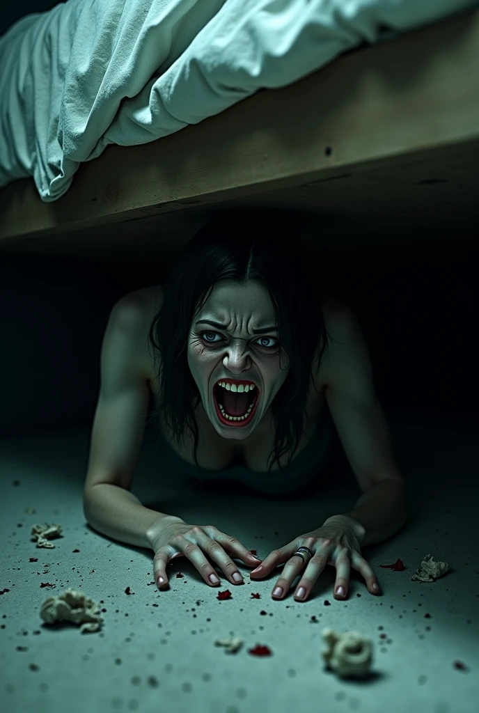 Realistic, cinematic, close up, very dark, night, A dimly lit floor, casting harsh shadows of a window's frames on the floor. A woman with dark hair lies crawls on the floor, barely visible due to the dark, blood on her dress. The woman's hands is outstretched over her head on the floor, and appears bloodied and injured, with smears of blood trailing behind on the floor, suggesting that she is being dragged by someone along the floor. The environment is bleak and oppressive, the floor stained with blood.