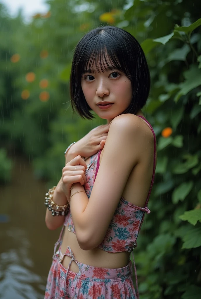 create an image, of a girl with short black hair playing with flowers and fish, something magical and deep, with a semi realistic style, high quality 