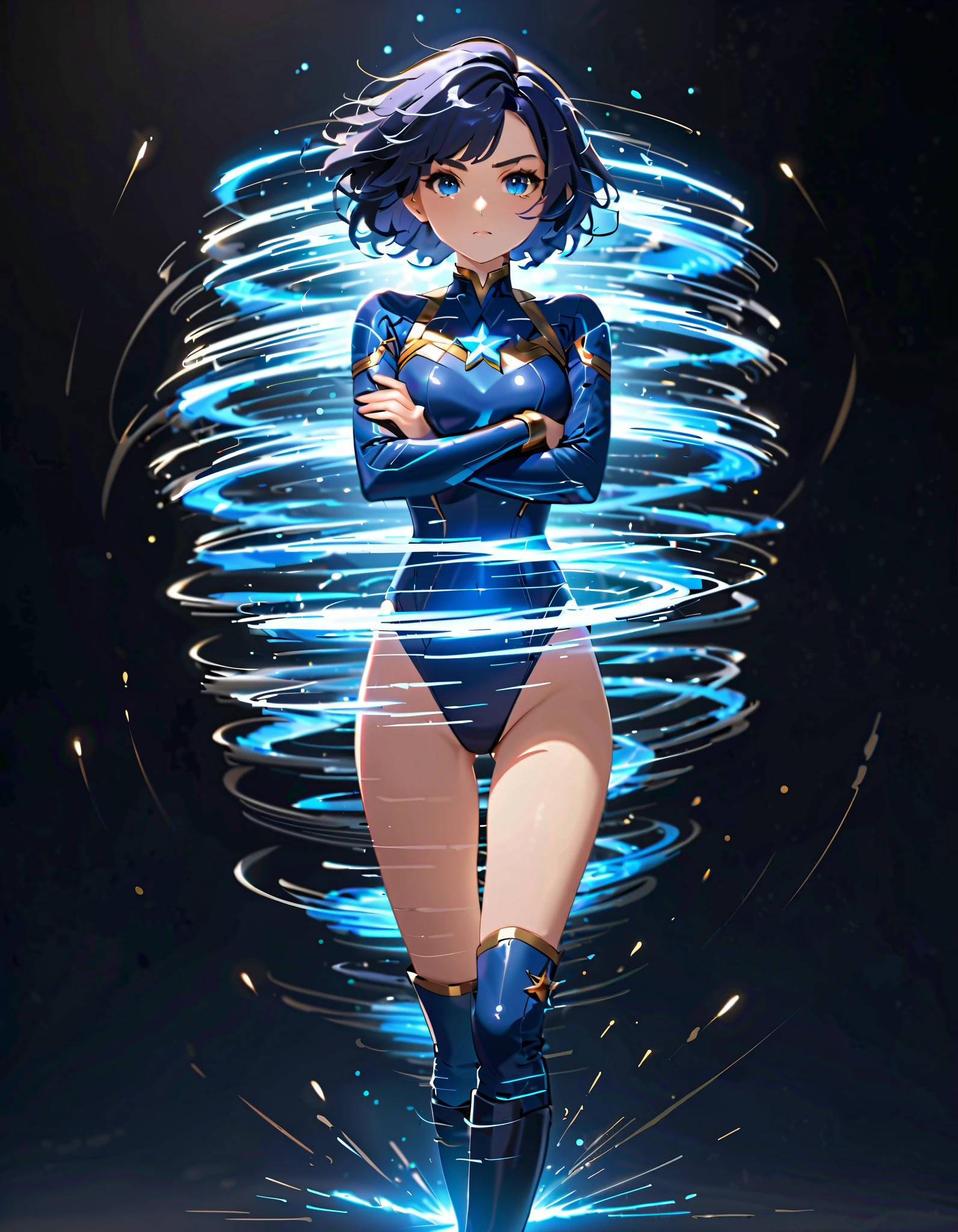 masterpiece, best quality, 1girl, superhero, ((leotard, dark blue leotard)), long sleeves, bare legs, boots, dark blue boots, matching boots, medium breasts, diffraction spikes, light particles, standing, standing straight, dark blue hair, ((short hair, bob hair)), blue eyes, beautiful detailed eyes, beautiful detailed face, cute face, (perfect hands, complete fingers, perfect anatomy, perfect proportions), heroic, ((star symbol on the chest)), serious, full body with costume, full body, cowboy shot, ((raised arms, spins fast in place like a tornado, she spins at an incredible speed, creating a whirlwind of air around her, cyclone spinning)), ((spiral lines, spinning energy pulse around her)). Curved Sword Slash.