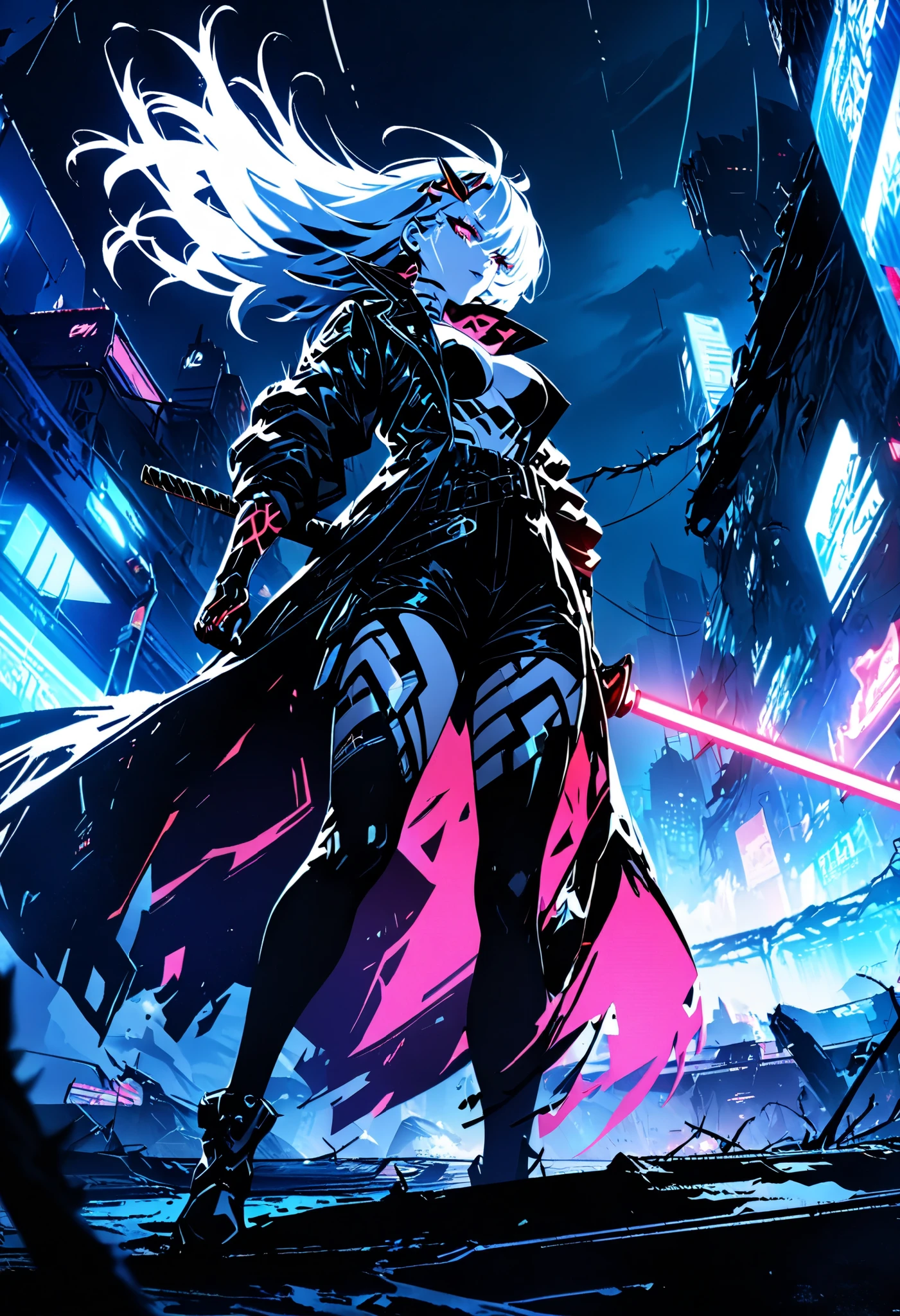 alone, weapons, stands, Hold, (highest quality,4K,High Resolution, masterpiece:1.2),Very Detailed,single,Cyberpunk City Neon,Armed with a red lightsaber with both hands,leather coat trench coat,long white hair anime girl,the hunter who drives the red thunder, Horns and Thorns,perfect body,digital cyberpunk anime art , Bad guy anime 8k, Cyberpunk anime girl, Anime style 4K, cyberpunk anime art , female Cyberpunk anime girl, 4K anime wallpaper, 4K anime art wallpaper