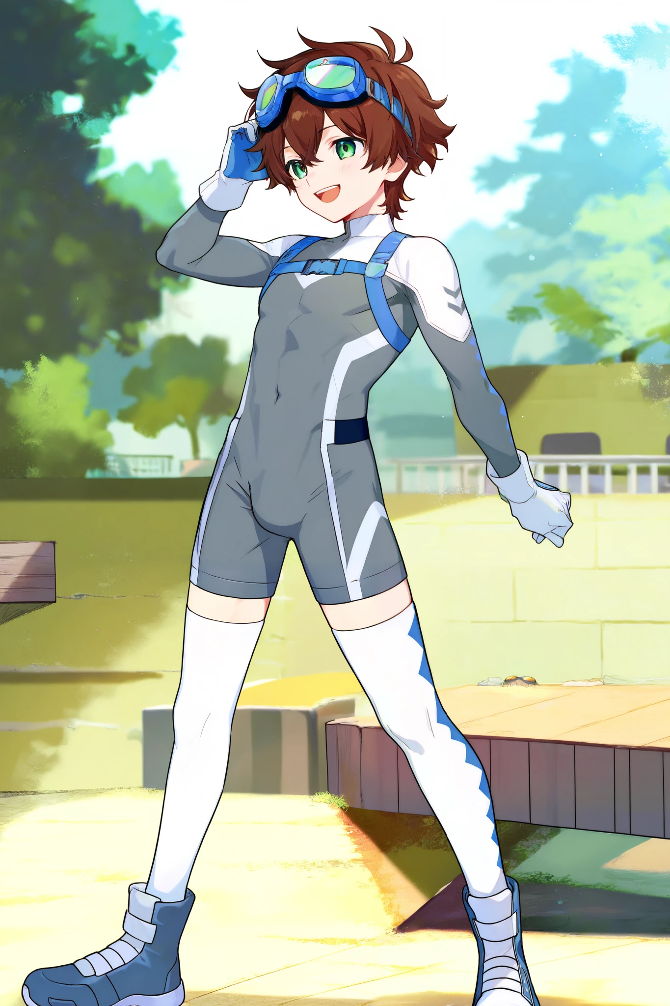 a boy, short hair,boy in grey bodysuit, stands,cute,A with brown hair in white stockings,happy,Goggles