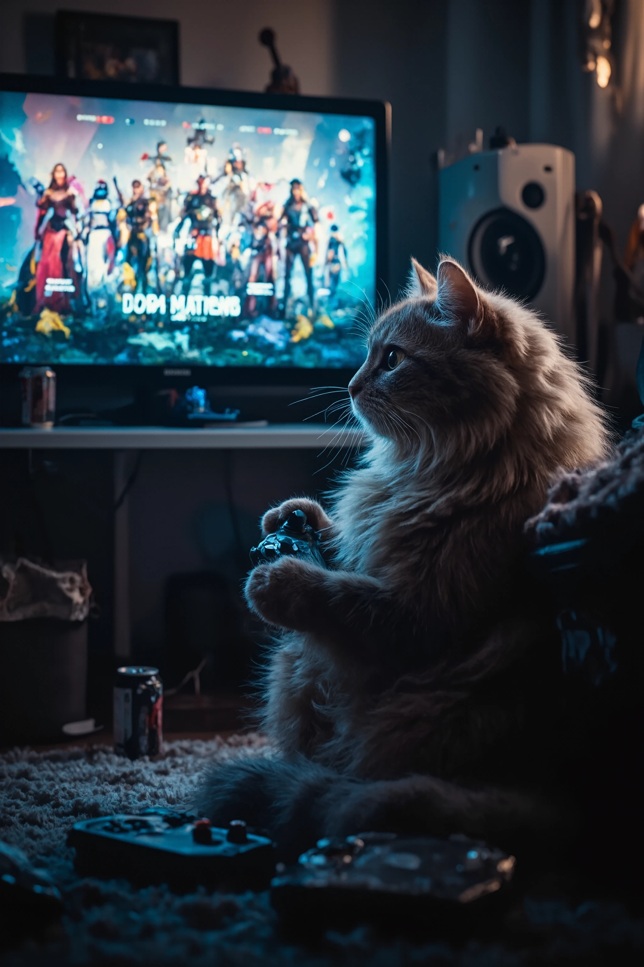 A cozy, dimly lit gaming room where a fluffy cat sits in front of a large TV, holding a game controller with its paws. The cat's eyes are wide with focus, ears perked up as it leans slightly forward, completely immersed in the game. The glow of the TV screen reflects on its fur, creating a soft, atmospheric lighting effect.

On the TV screen, a character selection menu is displayed, featuring various futuristic or fantasy heroes, each highlighted with their names and attributes. The menu has a stylish, modern UI, with some characters glowing as if awaiting selection. The game's title is faintly visible, though slightly blurred for immersion.

The scene is filled with small, immersive details: a half-empty energy drink can beside the cat, a cozy gaming chair pushed slightly back, and a few scattered game cases on the floor. The environment feels relaxed yet focused, capturing the essence of an intense gaming session from an unexpected yet adorable perspective.

The composition is cinematic, emphasizing the cat’s expressive body language and engagement, with the TV screen as a vibrant centerpiece, creating a dynamic yet cozy cyberpunk or modern gaming aesthetic.