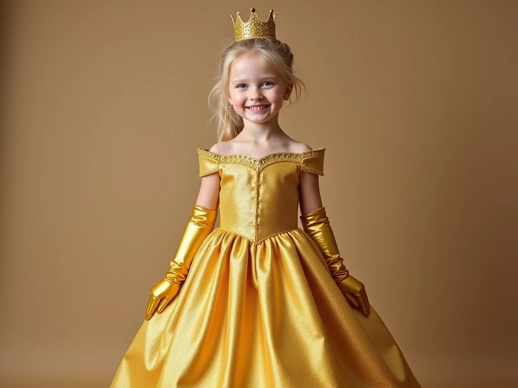 a photo of a child girl  dressed as a princess daisy character, smiling, ultrarealistic, yellow dress, brown long hair, gold crown