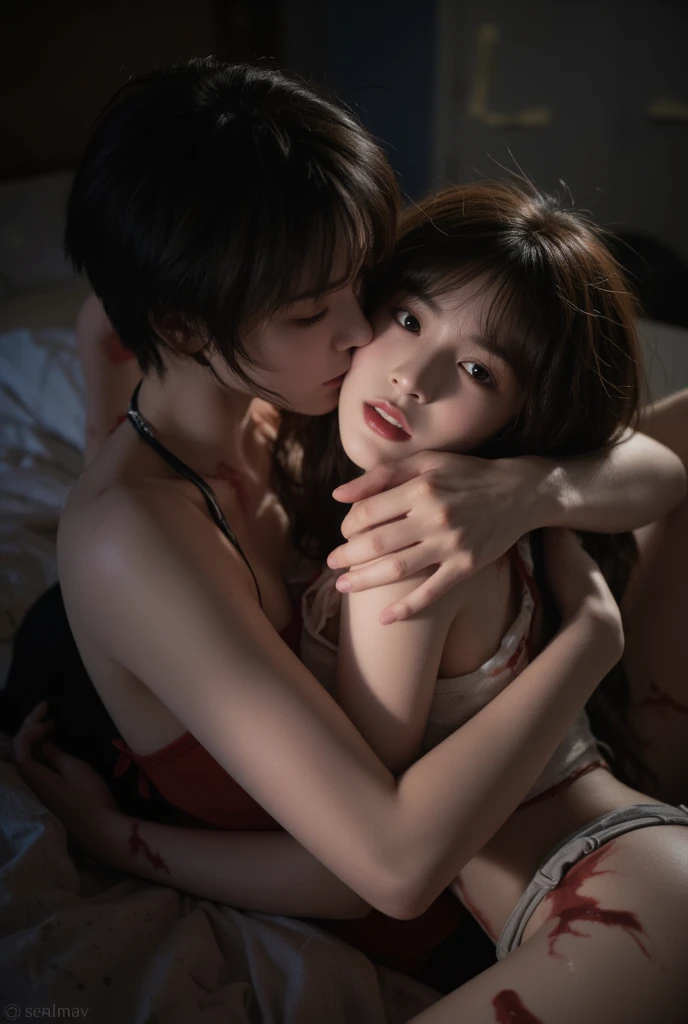 (Masterpiece: 1.2, highest quality), (Real photo, fine details), (A woman holding a man kissing each other: 1.5), A bra, big breasts, a pair of panties, (Women wearing short gloves: 1.2), Casual, Long hair, Simple makeup, Women wearing white socks, close-up, Smile, Family, kneeling on bed, warm tones, extreme details, seductive expression