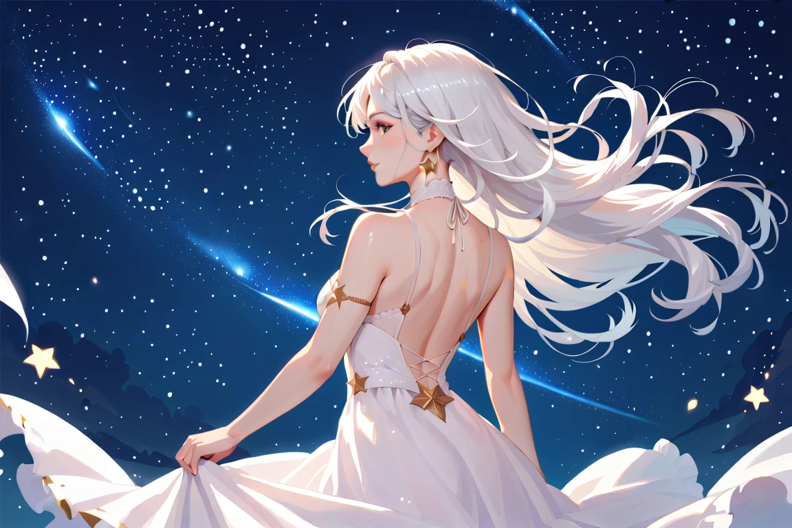 masterpiece, absurdres, incredibly absurdres,best quality,wanke,  ,1girl, long flowing white hair that cascades down her back like silk, striking black eyes that exude confidence and mystery,cosmic breeze, a captivating monochrome space background,twinkling stars ,distant galaxies, ethereal floating debri, cosmic lighting illuminating her figure with a soft glow, a vibrant glowing nebula that surrounds her, emanating a serene yet powerful presence, deep space theme emphasizing the vastness of the universe, stark black and white contrast that enhances the visual impact,8k,intricate details,dutch angle,fisheye