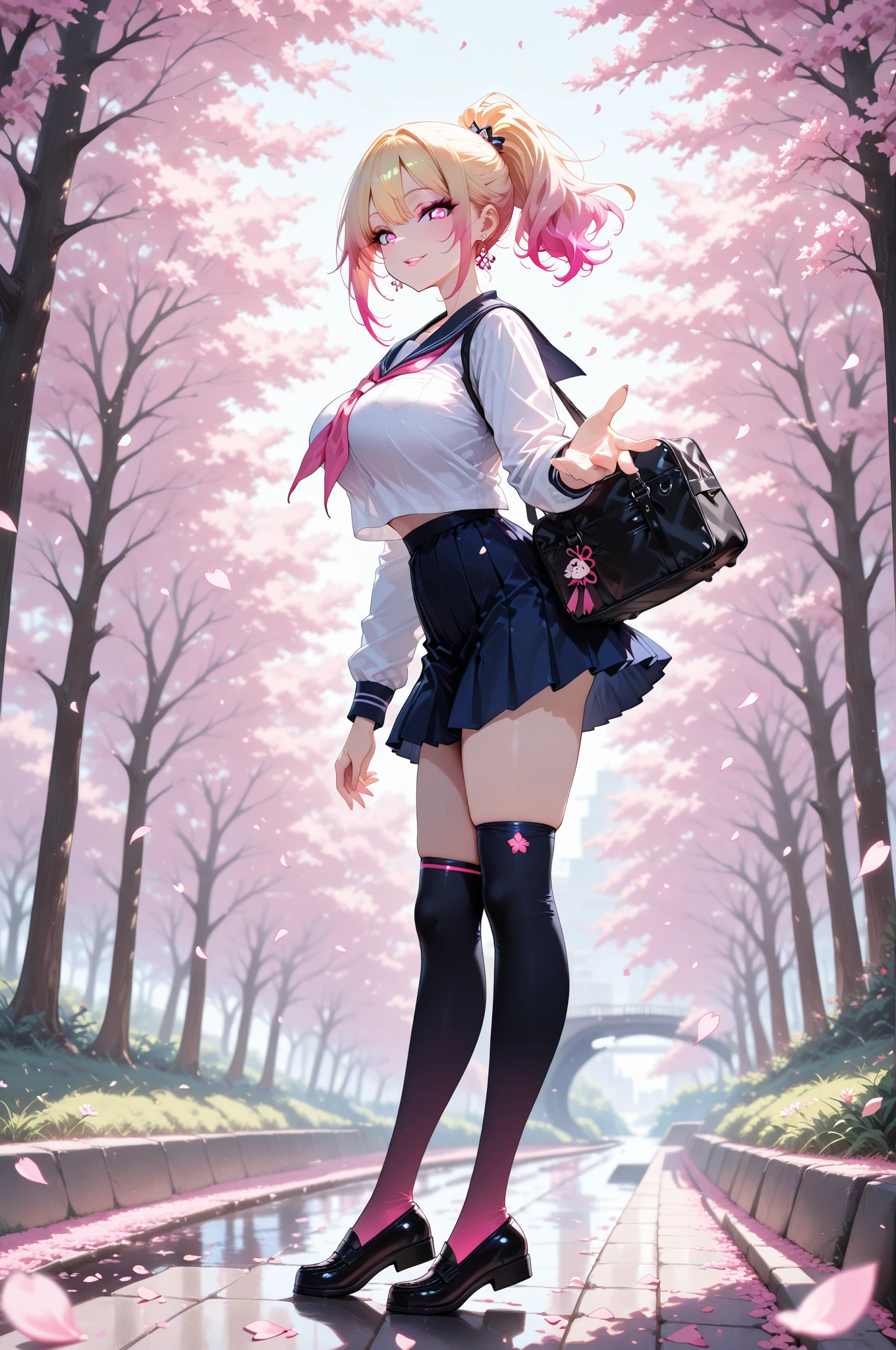 Masterpiece, highres, high quality, Detailed face, best quality, 1girl, pantyshot, white shirt, blue serafuku, miniskirt, pink sailor collar, hair bow, ponytail, wind, walking, thighhighs, from below, tree, plaid, open mouth, smile, checkered skirt, holding brown bag, pink short hair, blazer, looking at viewer, blue sky, wind lift shirt, cloud, sunset, blush, crop top, crossed bangs, hairclip, hair between eyes, solo, autumn, absurdres, Detailed and Intricate