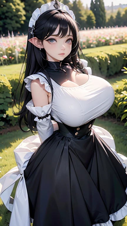 1girl, aster nemesis, ((dark-skinned)) , black hair, very long hair, yellow eyes, , twin tails, looking below, , , tanned body,, ,,,,,(spoken heart),(((maid costume))),miniskirt,thighhighs,,,,((huge breasts)),garden,,bikini top,open mouth,miniskirt