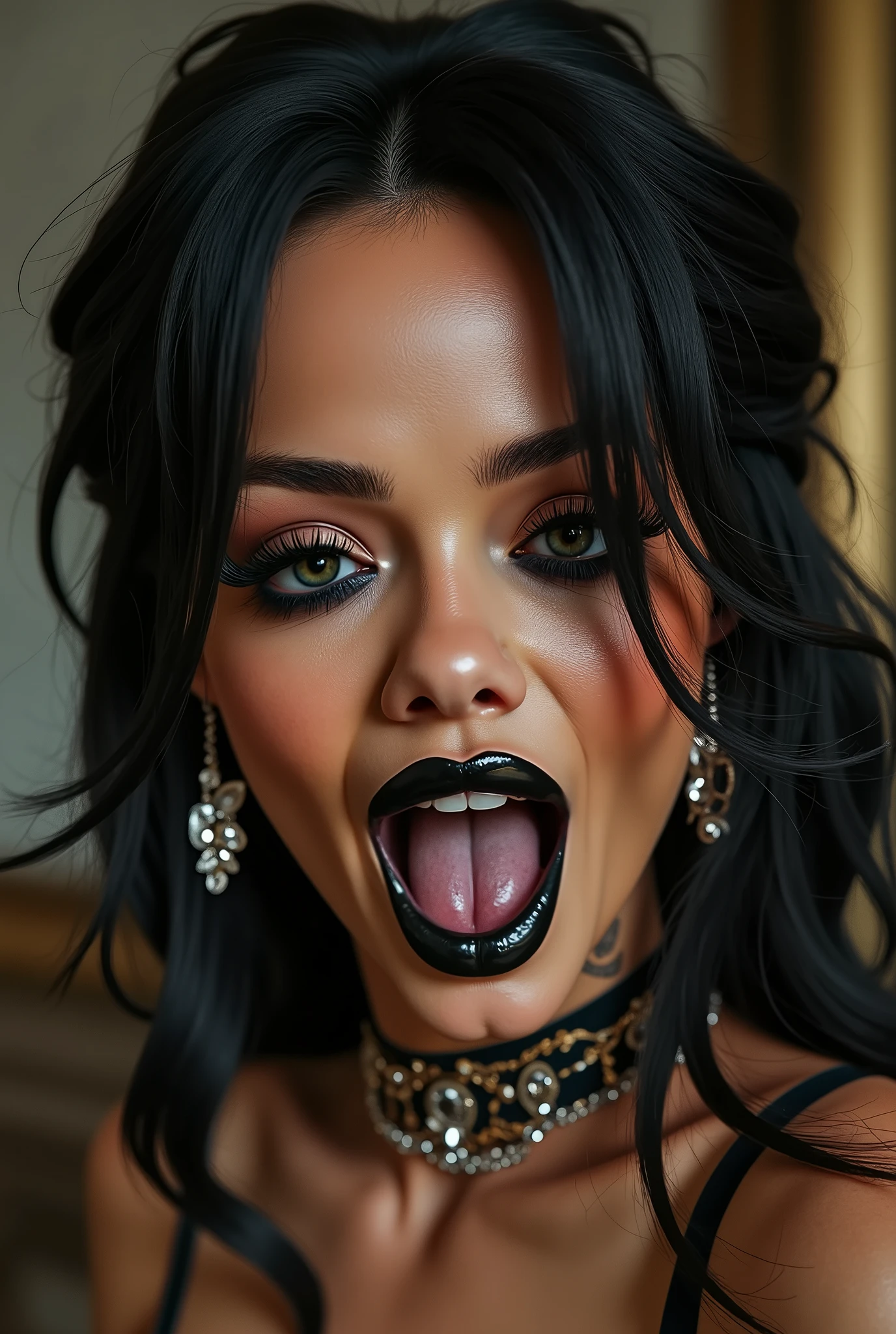 Beautiful black girl doing sexy pussy cat anime cosplay, purple hair, sticking out tongue, tongue out, (((long tongue))), (((eyes crossed))), (((eyes up))), ((( eyes back))), makeup on face, grimace towards the camera, funny grimace, sexy body, medium shot
